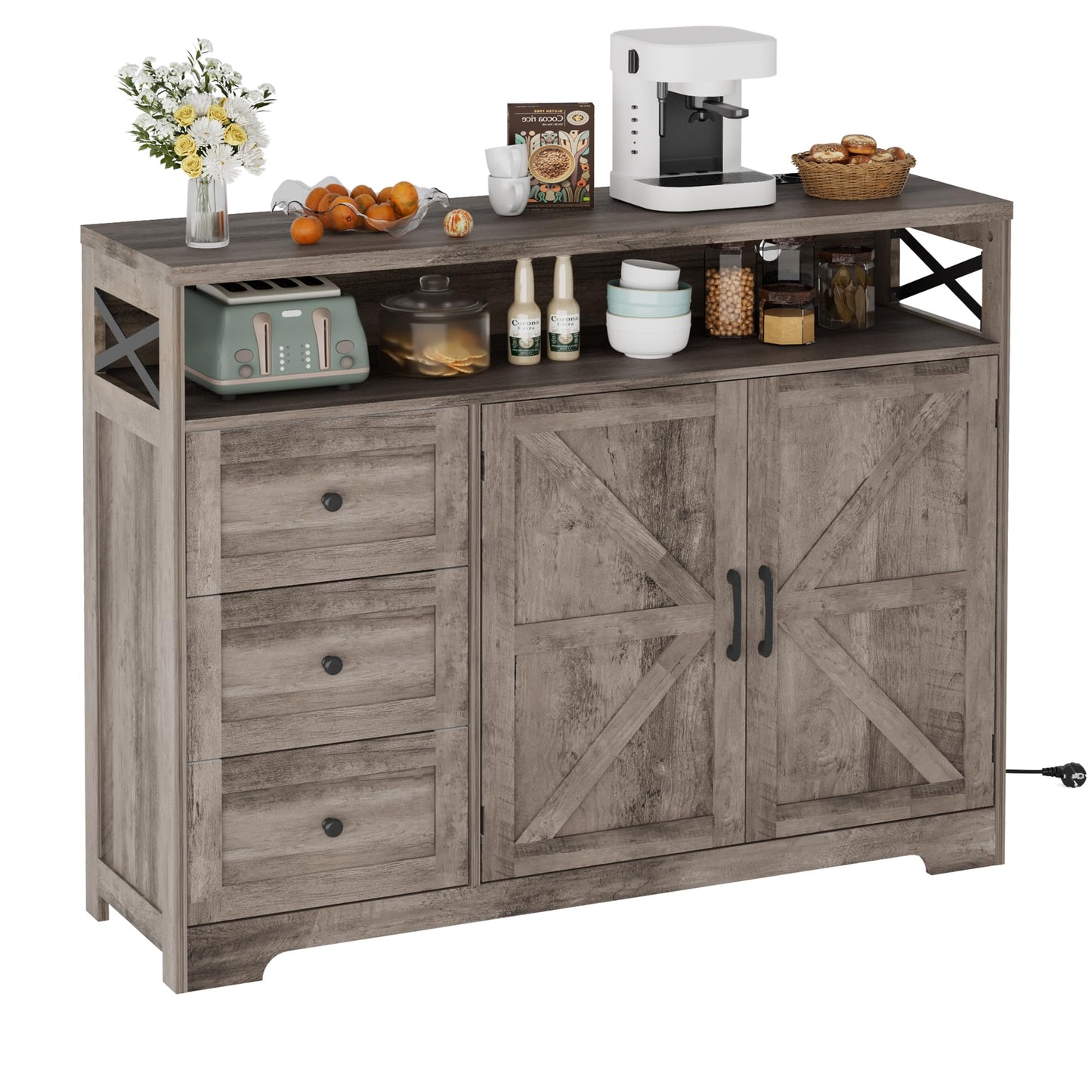 Kitchen Cabinet, Sideboard with Drawers and Open Shelf, Sideboard, Kitchen Cabinet, Coffee Bar Cabinet for Kitchen, Dining Room, Living Room, 120 x 35 x 95 cm, White