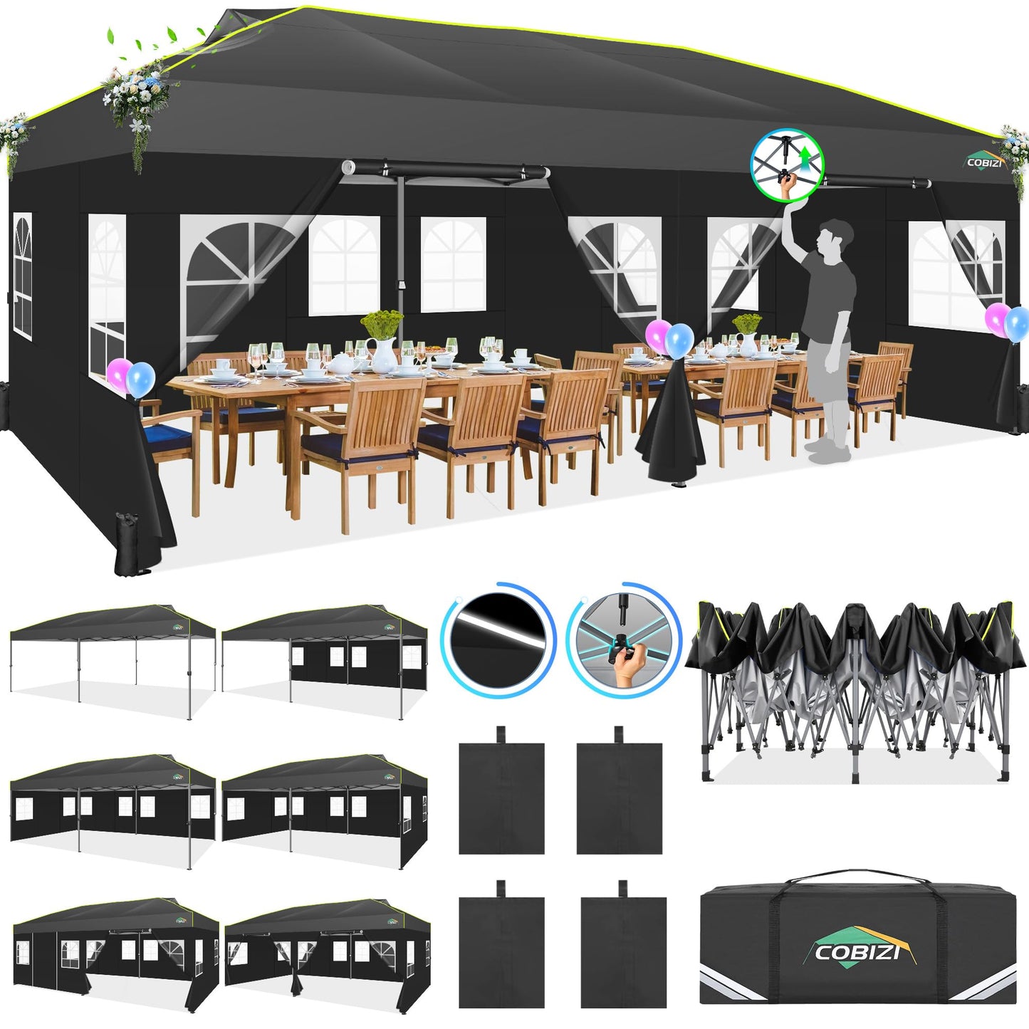 COBIZI Folding Gazebo Gazebo 3 x 6 Waterproof Winterproof Garden Gazebo Party Tent Pop Up Gazebo Foldable Tent with 6 Side Waves with Ventilation Openings, Sandbag for Market, Outdoor Event, Black