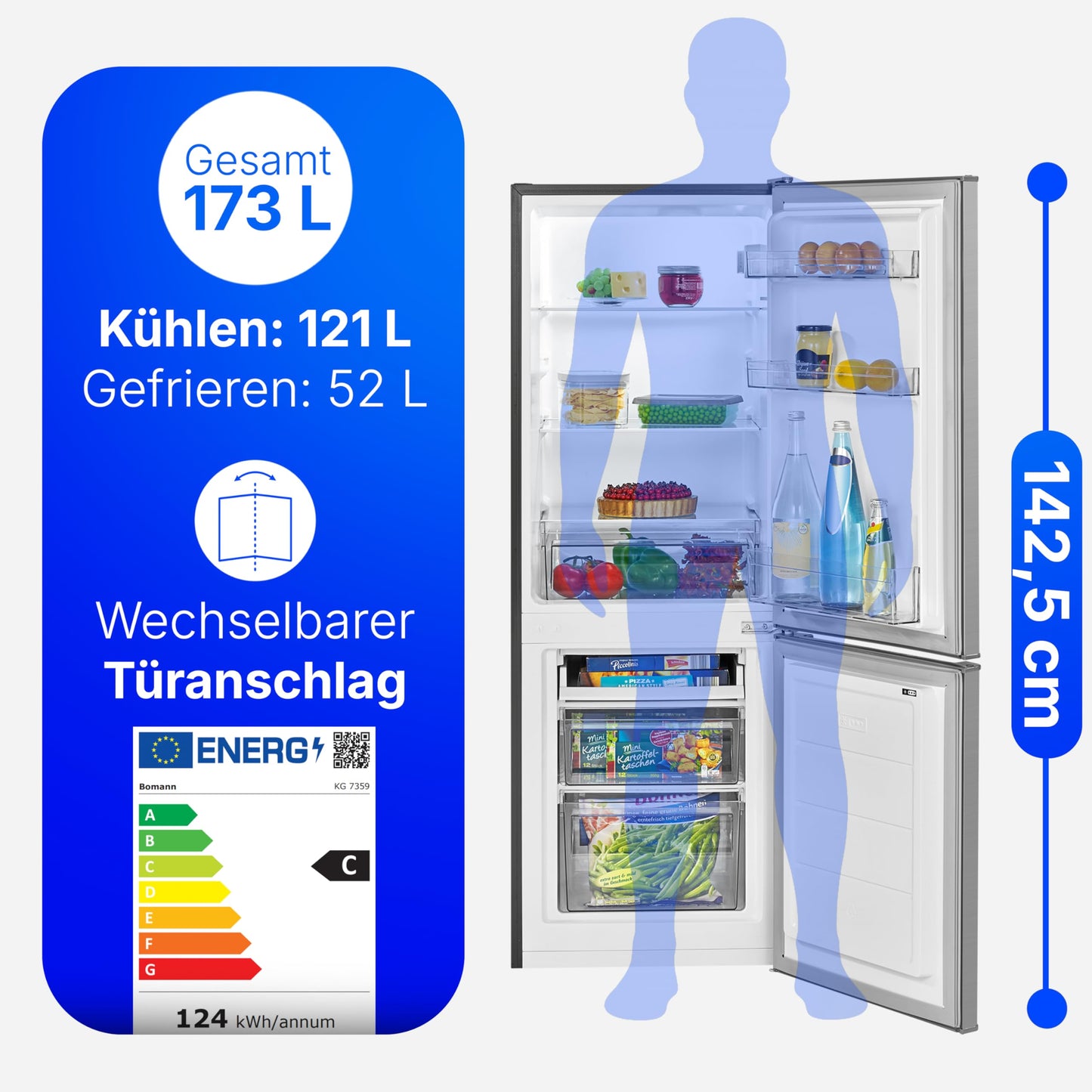 Bomann® Fridge with Freezer | Energy Class C | 143 cm | Cool Freezer Combination Quiet 40 dB | 3 Shelves & 2 Drawers | Door Hinge Interchangeable | 173 L Fridge Freezer Combination | KG 7359 Black
