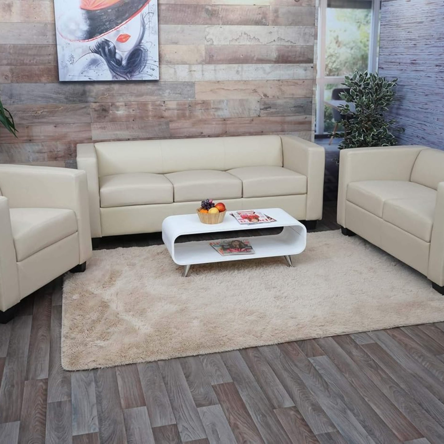 Mendler 3-2-1 Sofagarnitur Couchgarnitur Loungesofa Lille - Leder, Creme