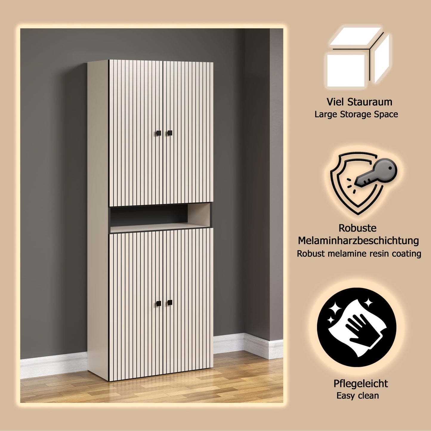 trendteam smart living - PureBliss - Hochschrank - Eiche - Badezimmerschrank in moderner Rillenoptik - edle Metallgriffe - (BxHxT) 40 x 186 x 31 cm - 2 praktische Einlegeböden - kratzfest