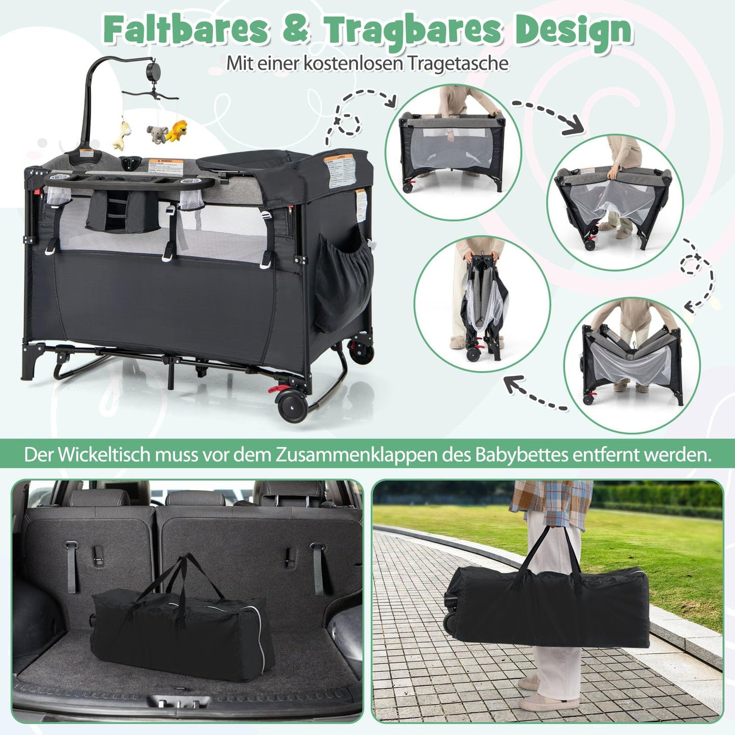 DREAMADE 5-in-1 Baby Travel Cot, 120 x 60 cm, Side Bed with Mattress & Changing Table, Music Box & Toy, Height-Adjustable Baby Bed for Baby from Birth (Dark Grey)