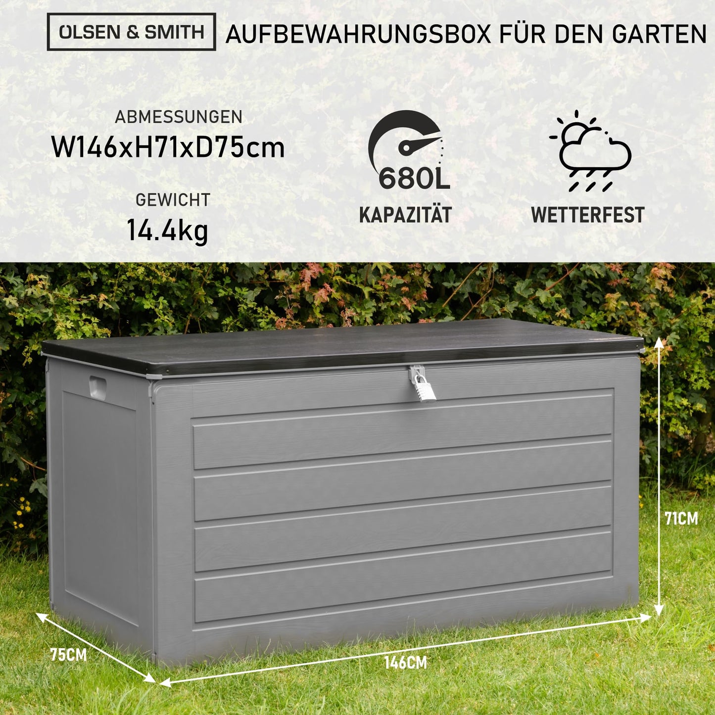 Olsen & Smith 270L Large Capacity Outdoor Garden Storage Box with Padlock Plastic Shed - Weatherproof and Stand Up with Wood Effect Chest (270L, Black)