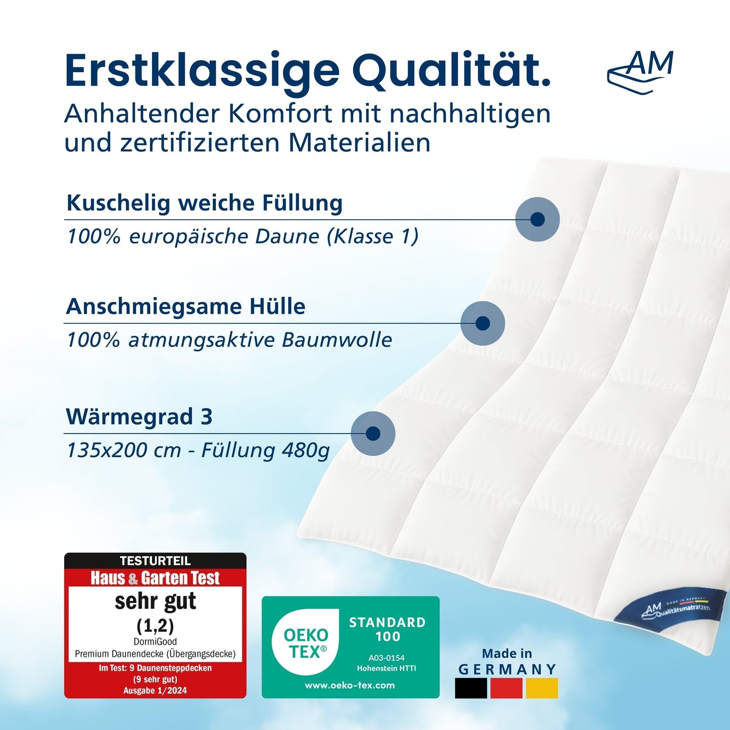 100% down - high-quality down duvet 135 x 200 cm for the transitional period - warm transition duvet 135 x 200 - for spring and autumn - cotton inlay