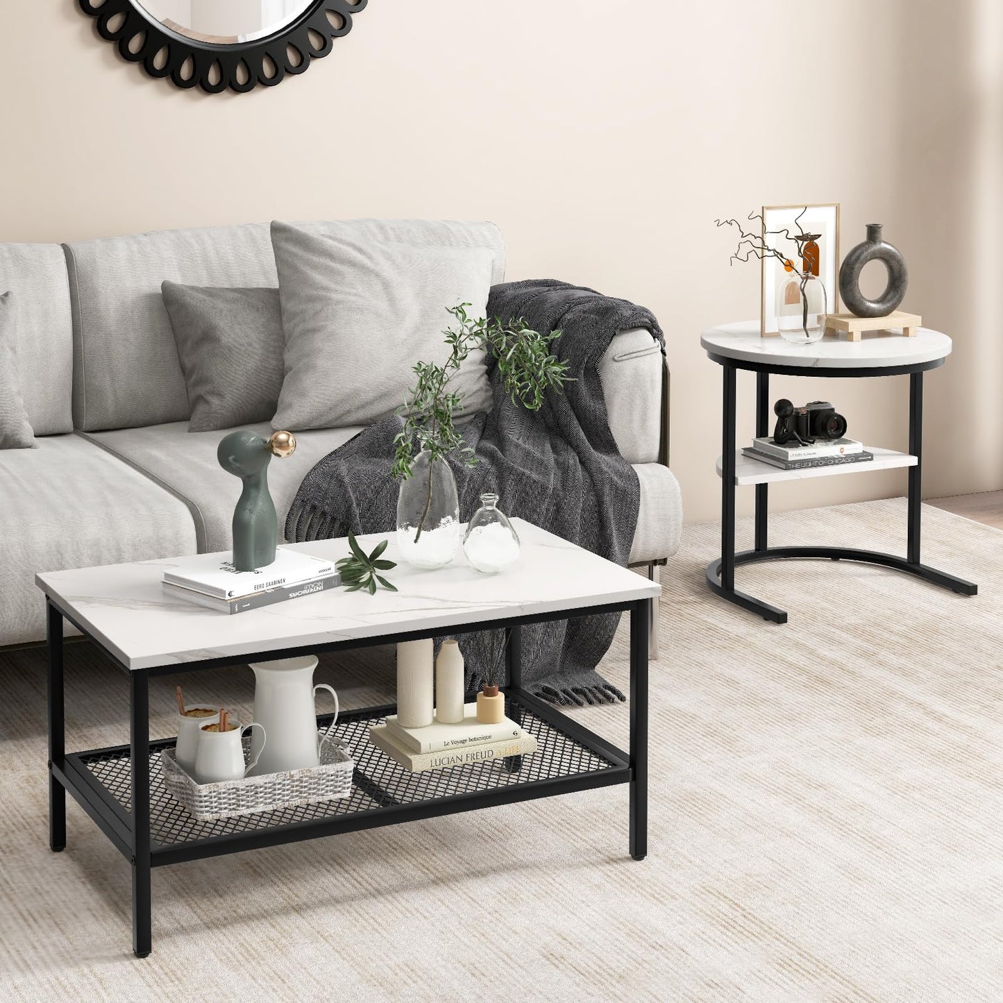 COSTWAY Set of 2 Coffee Tables, Side Tables, Marble Look with Metal Frame and Shelf, Coffee Table, Living Room Table, Sofa Table for Living Room, Bedroom (White + Golden)