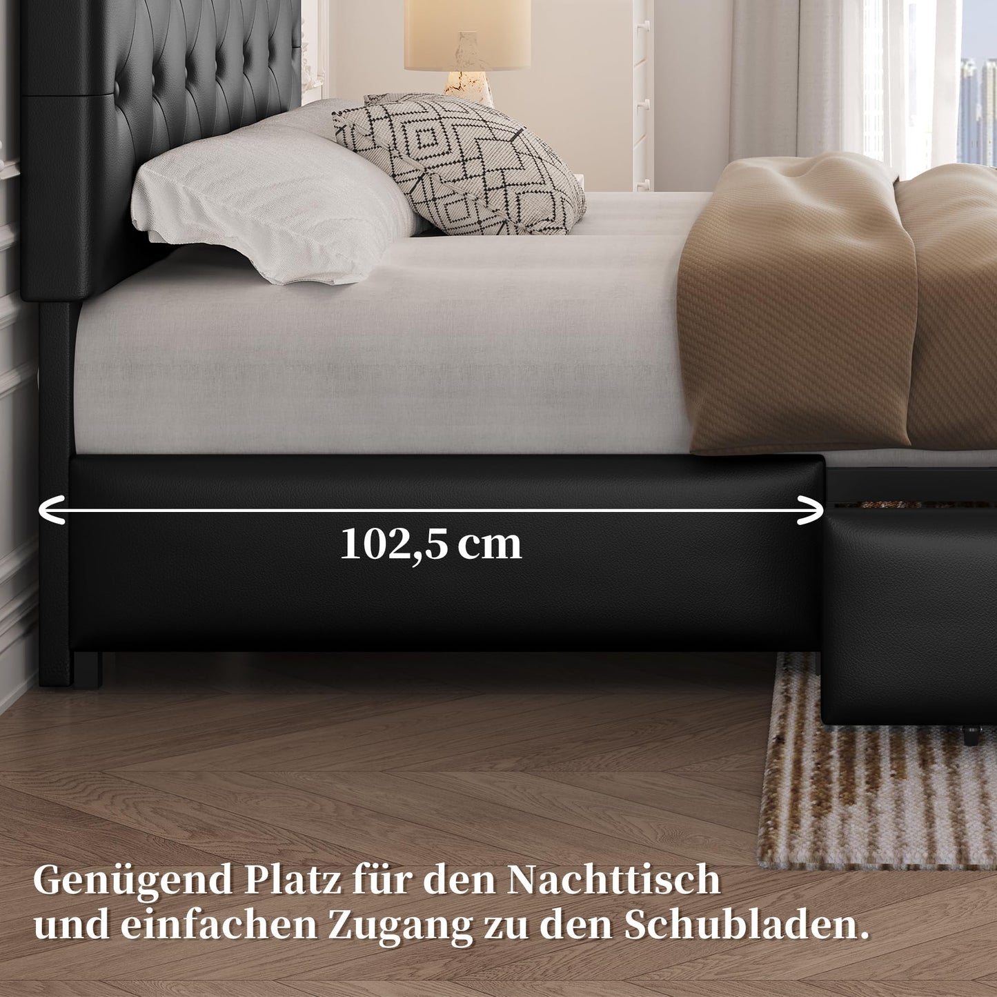 Yaheetech Polsterbett 140 x 200 cm Doppelbett Bettrahmen mit 2 Schubladen höhenverstellbares Kopfteil Gepolstertes Bett mit Lattenrost viel Stauraum, Schwarz