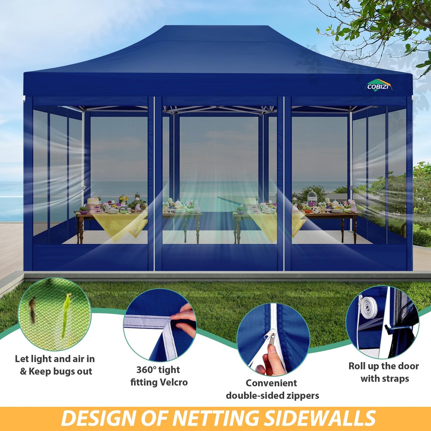 COBIZI Pavillon 3x3 Faltpavillon 3x3 Wasserdicht Stabil, Partyzelt Gartenpavillon UV-Schutz mit 4 Seitenwänden aus Mesh, Schwarz