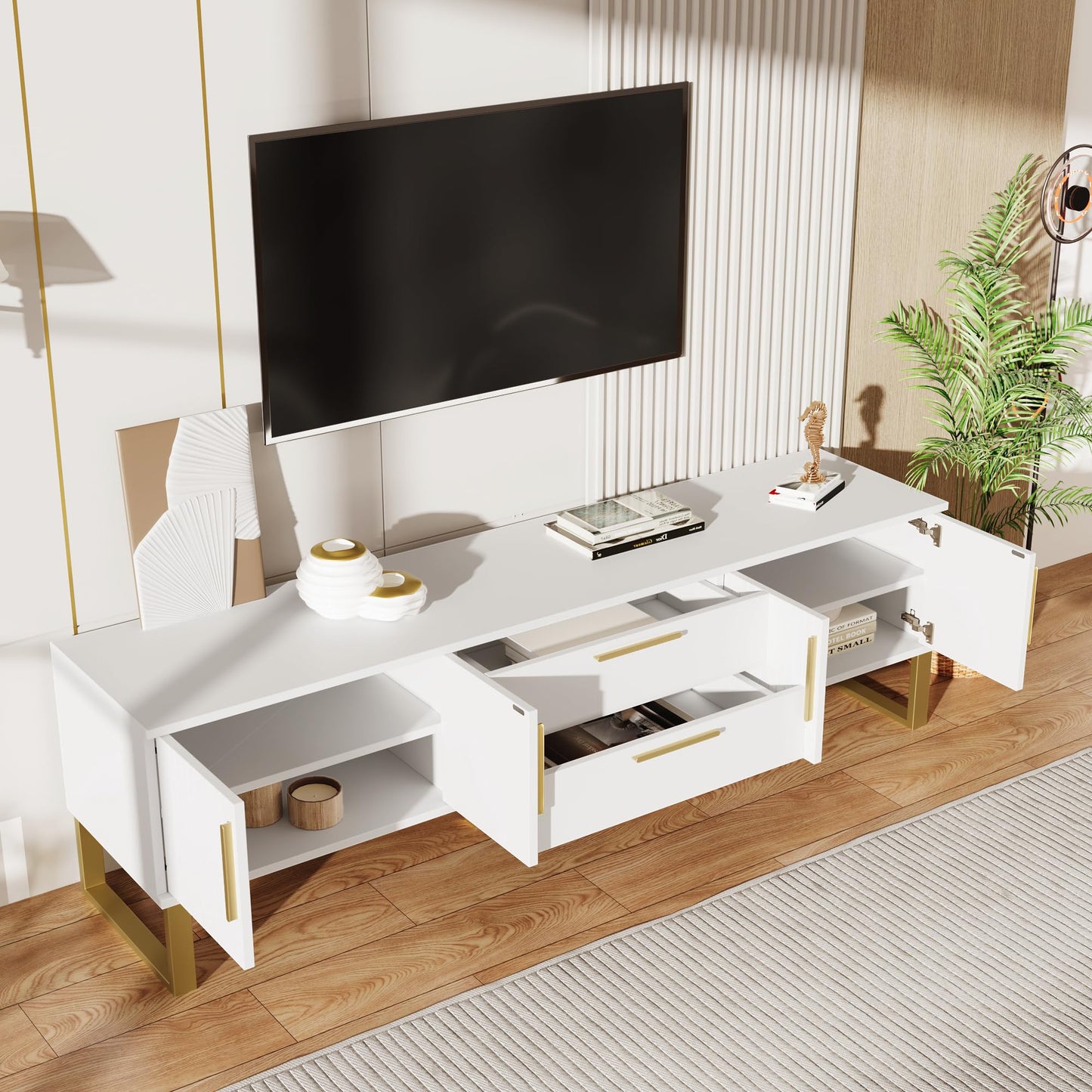 TV Cabinet Length 170 cm for TVs up to 75 Inches, Lowboard with Golden Handles and Feet, TV Cabinet with 4 Doors and 2 Drawers, Living Room Furniture TV Board, White