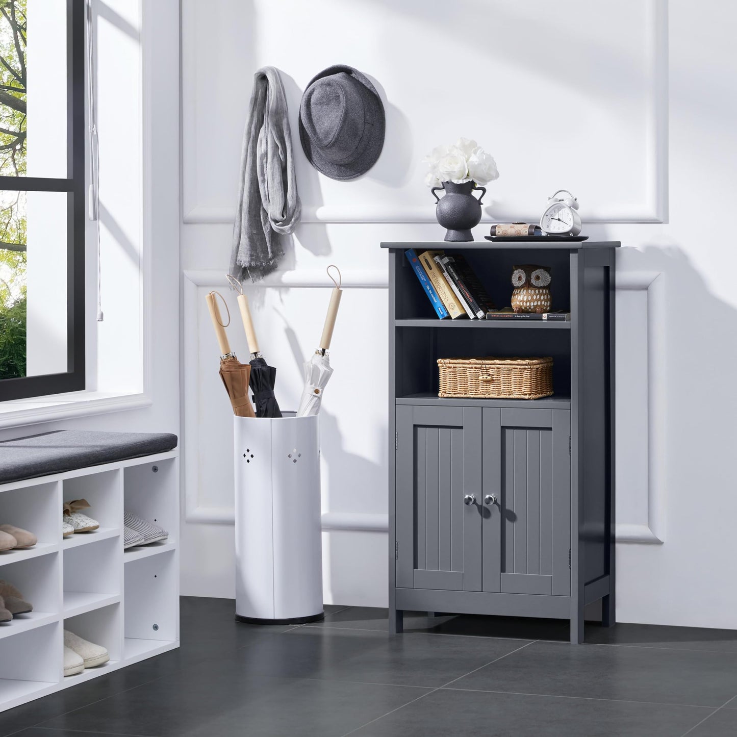 Yaheetech Bathroom Cabinet with Double Door and 2 Open Shelves Bathroom Shelf Bathroom Chest of Drawers with Adjustable Shelf Dark Grey 50 x 30 x 92.5 cm