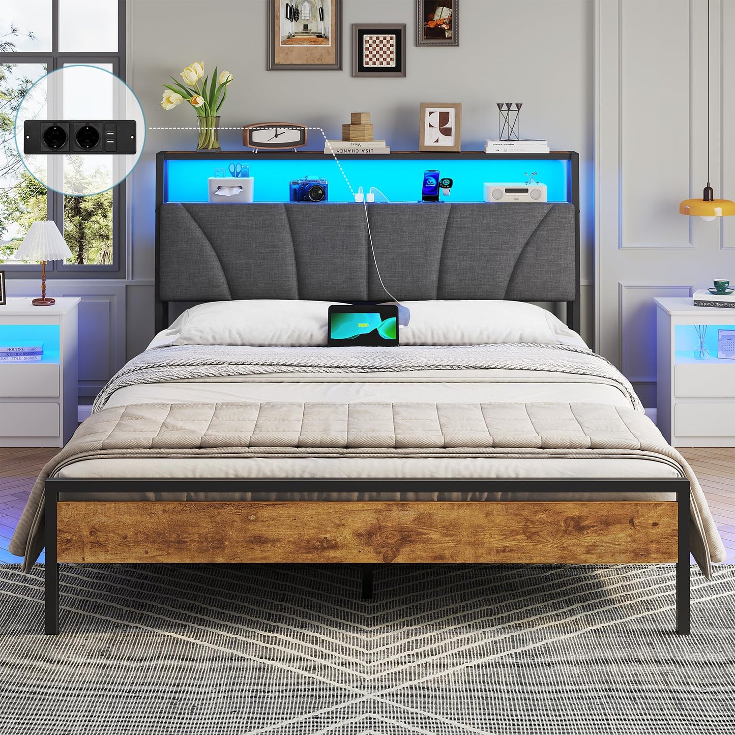 Brinlawb Bed 180 x 200 cm with Metal Slatted Frame, Double Bed 180 x 200 cm with LED Lighting, Bed Frame 180 x 200 cm Bed with Headboard and Charging Station (2 AC Sockets, 2 USB Ports), Modern, Grey