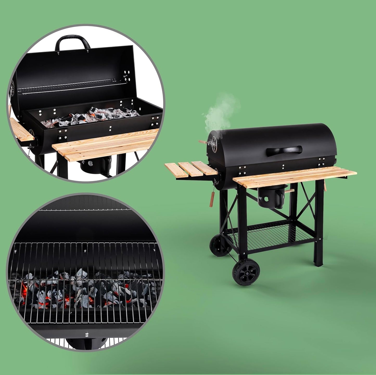 Lehmann LGACG-1935 Charcoal Grill with Grill XL Lid and Wheels, Grill Trolley with Two Wooden Shelves and Non-Warming Handle, Charcoal Grill for Garden, Patio, Camping
