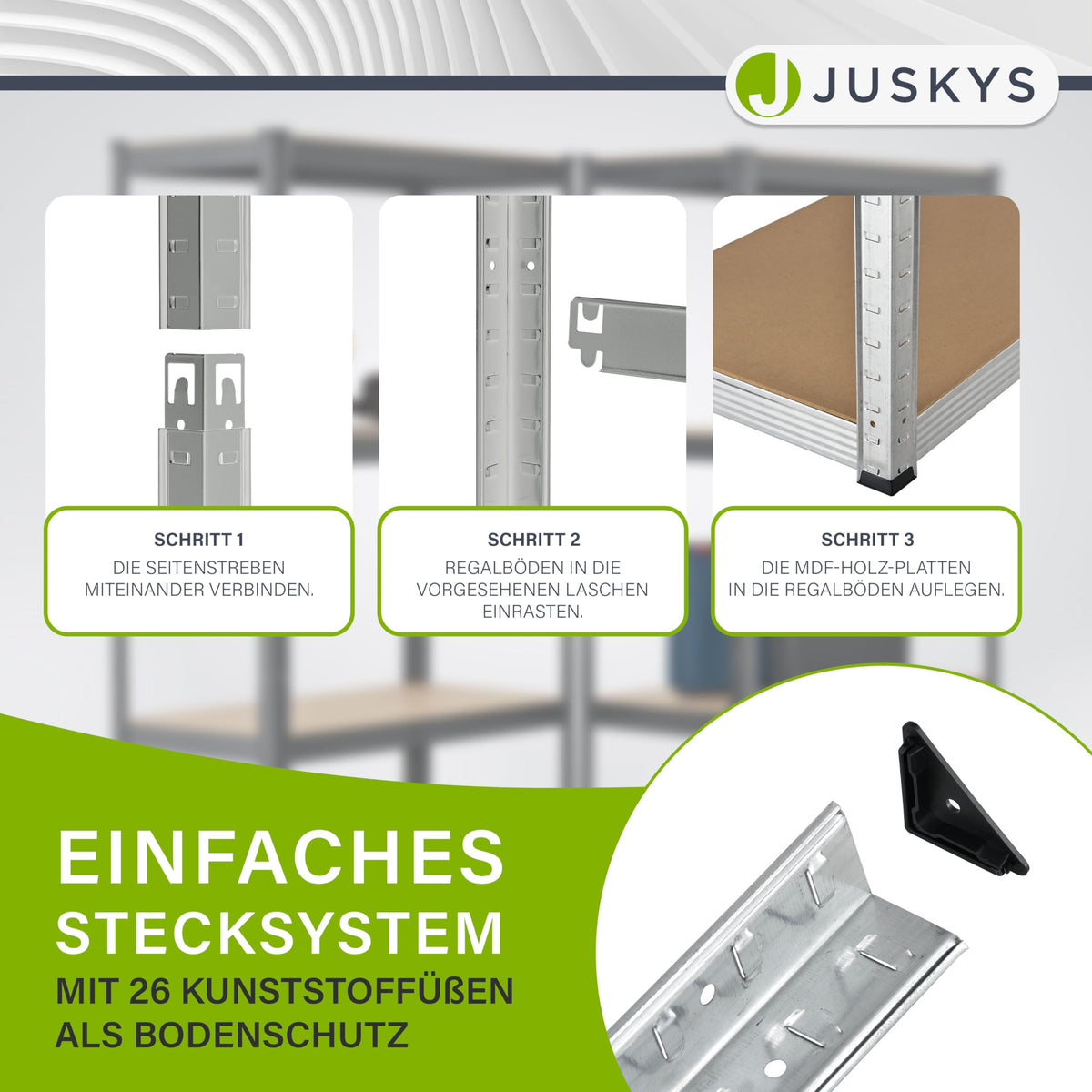Juskys 3 Shelf System Metal Basic | 1 Corner Shelf & 2 Storage Shelves | 15 Shelves Made of MDF Wood | 2625 kg | Heavy Duty Shelving Storage Shelving Basement Shelving (Grey)