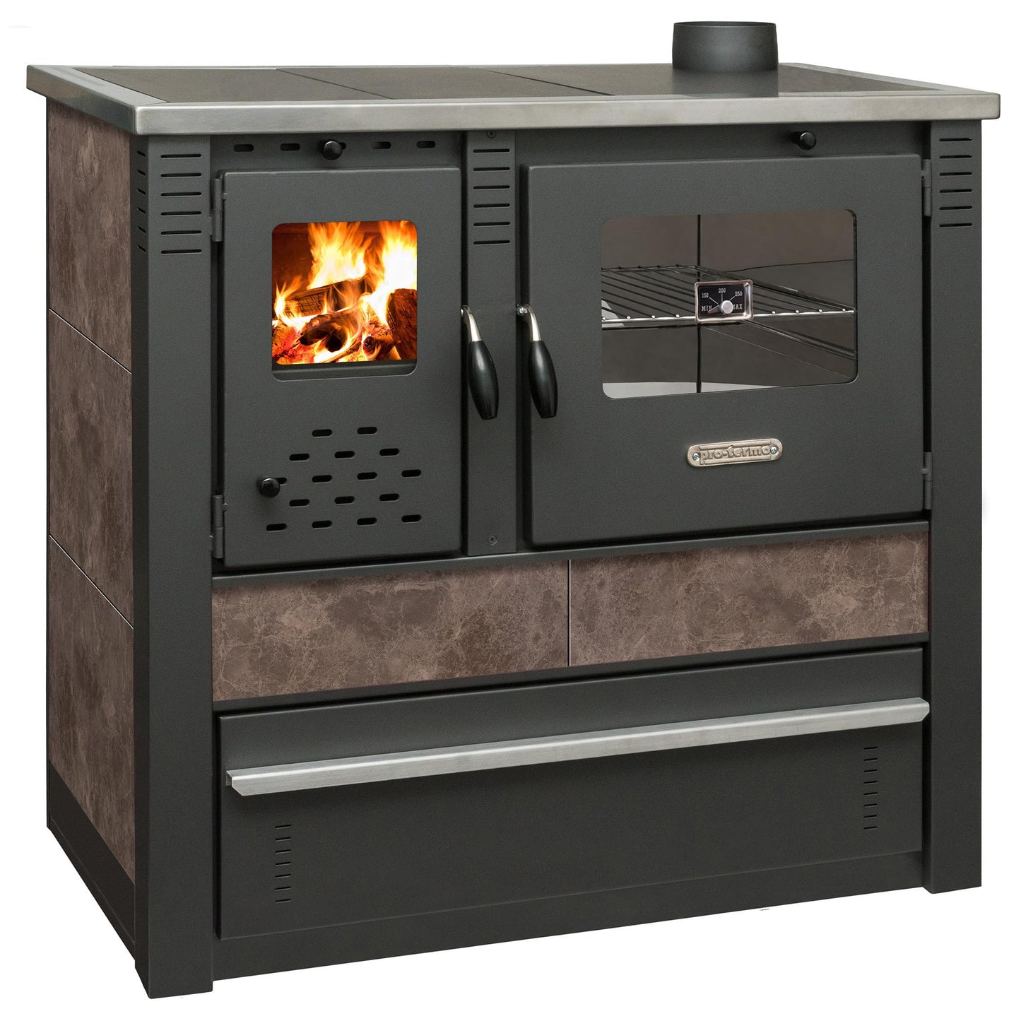 ProTermo Panonia Fireplace in Mocha with Left Flue - 10.54 kW Heating Output - 90 x 51 x 85 cm Wood Stove with Baking Compartment, Thermometer and Hob without Self-Closing Door - Type 2