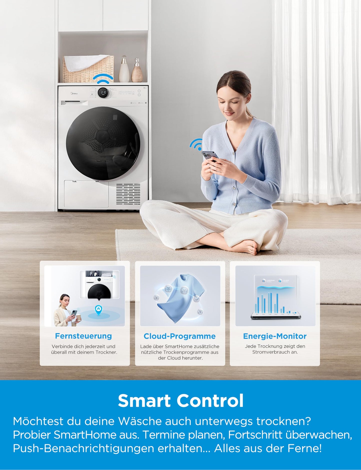 Midea MD20EH80WB-A3 Heat Pump Dryer, 8 kg, Energy Class C, UV Hygiene, Wrinkle Protection, Gentle Care, Auto Dry, Wool Care, Refreshing, Remote Control, Delay Start, White [Energy Class A+++]