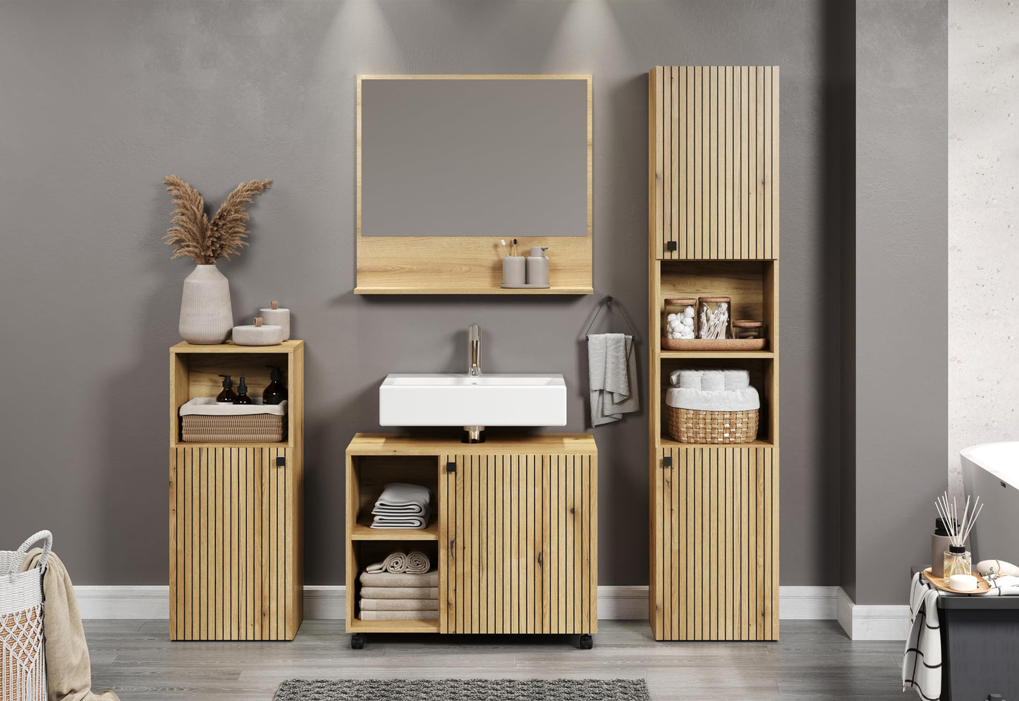 trendteam smart living - PureBliss - Hochschrank - Eiche - Badezimmerschrank in moderner Rillenoptik - edle Metallgriffe - (BxHxT) 40 x 186 x 31 cm - 2 praktische Einlegeböden - kratzfest