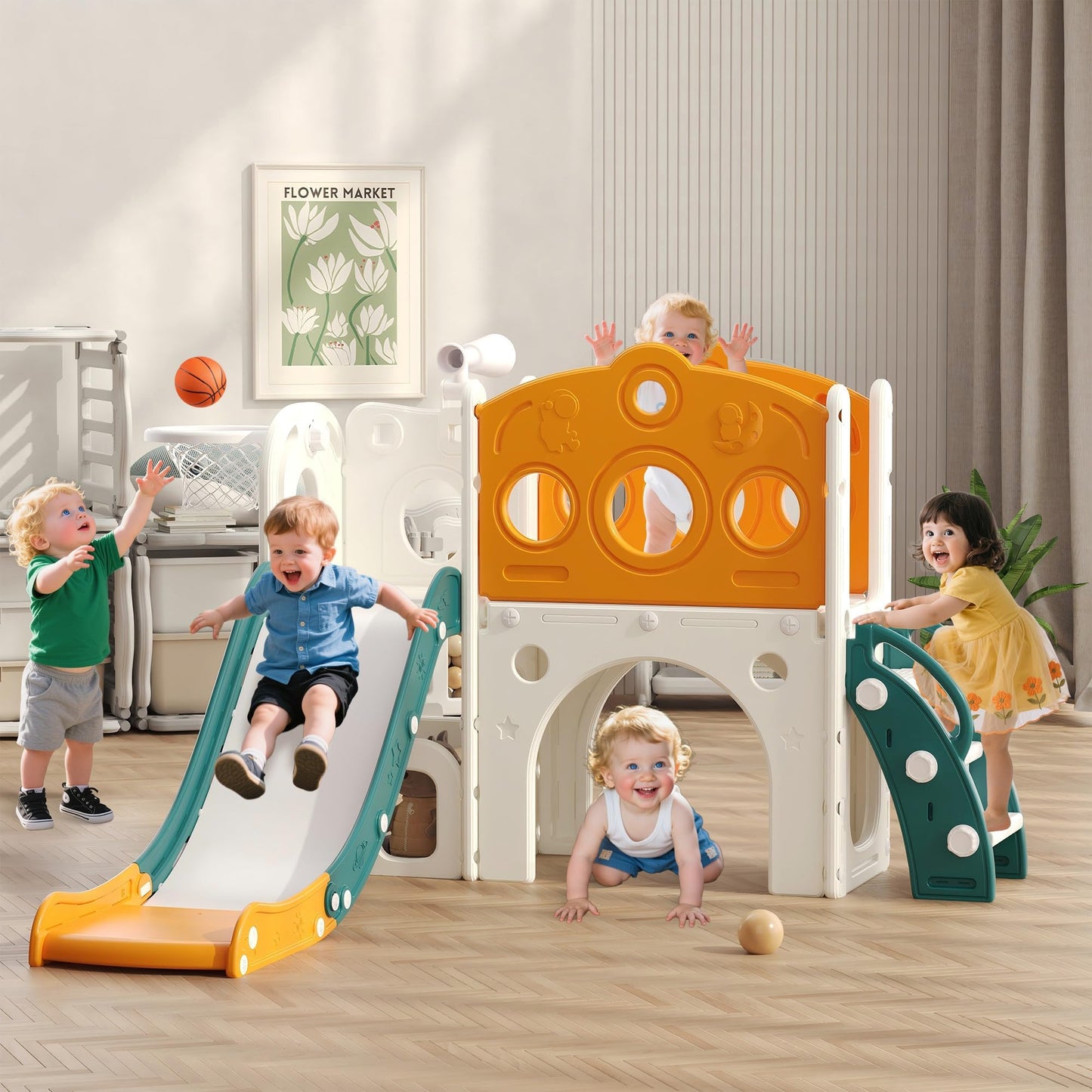 Hominewti 8-in-1 Kids Slide, Kids Playground with Basketball Hoop, Telescopic and Climbing Frame, Baby Slide for Toddlers, Playground for Indoor and Outdoor Use, Green