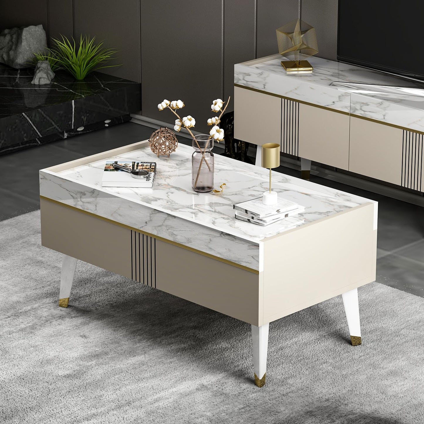 Homidea KARYA Coffee Table - Sofa Table - Living Room Table - Side Table in Elegant and Modern Design (Coffee Table - Beige/Marble)