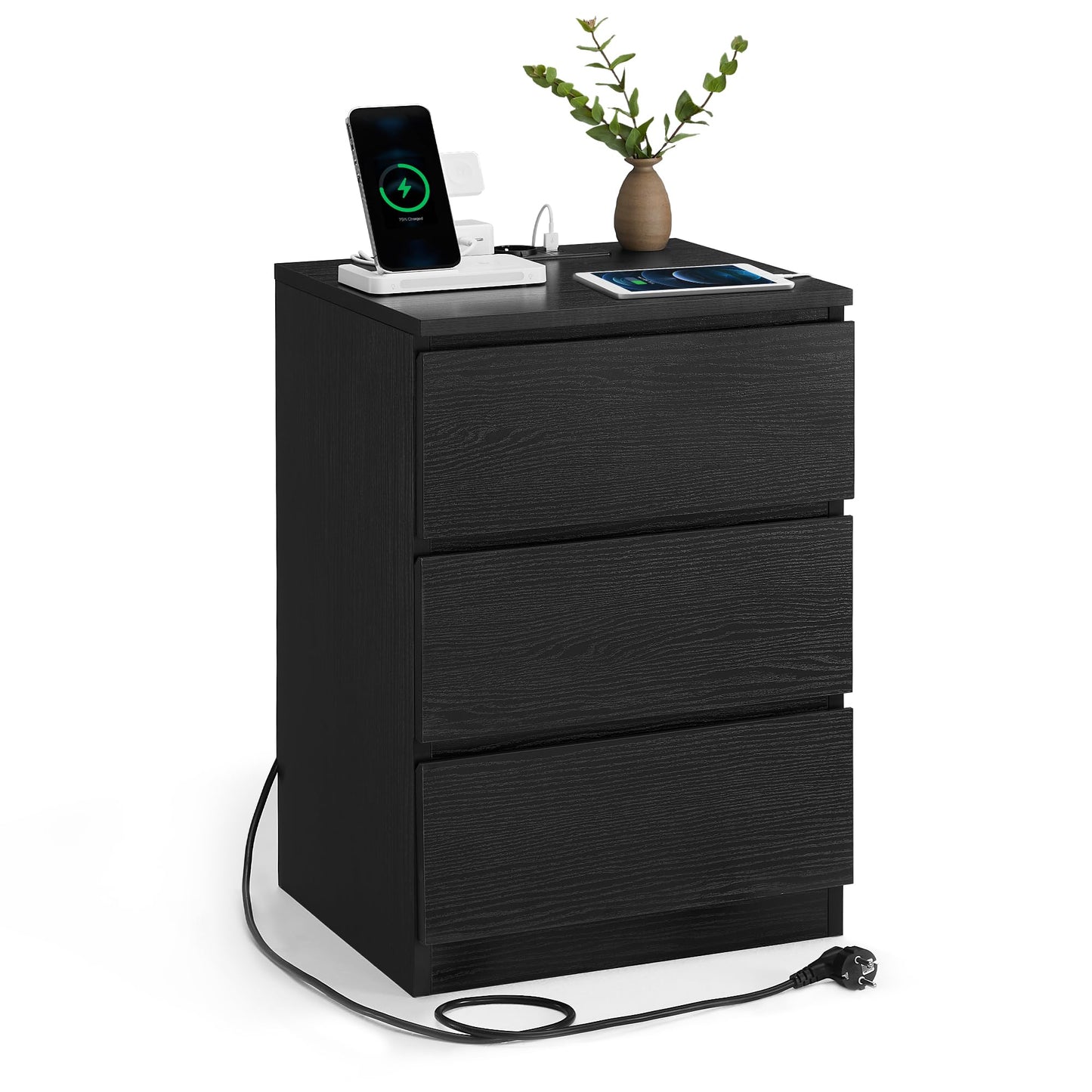 VASAGLE LET831W14 Set of 2 Bedside Tables, Side Tables, 3 Drawers, Bevelled Edge, 2 AC Outlets, 2 USB Ports, Living Room, Bedroom, Study, Modern, Cloud White