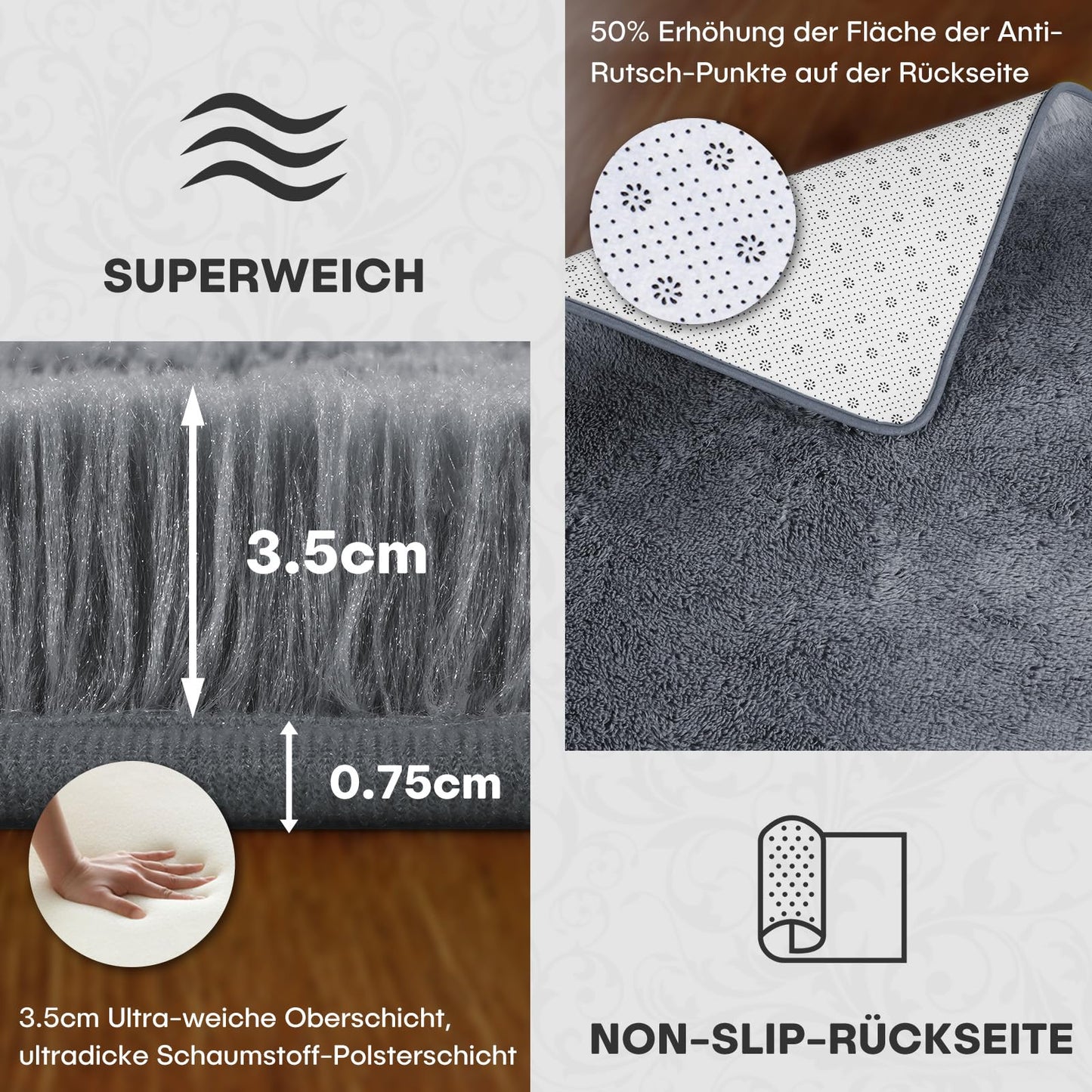 XSIVOD Fluffy High Pile Rug, Dark Grey, Washable Rug 140 x 200 cm, Living Room, Non-Slip Extra Large Rugs, Bedroom, Soft Modern Rugs, Mat Rugs for Children's Room