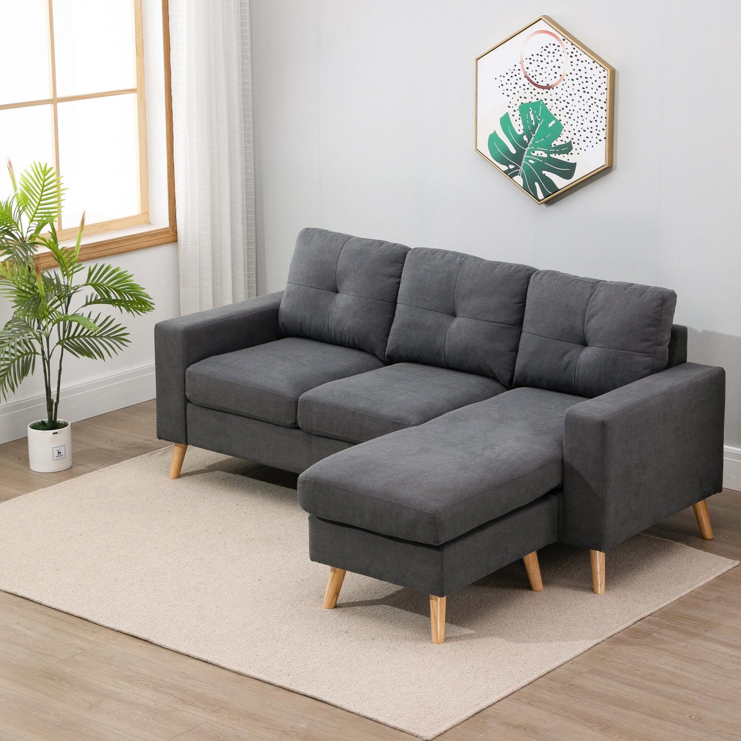 HOMCOM Corner Sofa L-Shaped Sofa with 3 Cushions, Corner Couch with Button Binding, Linen Look, Couch Living Landscape for Living Room, Bedroom, 193 x 136 x 85 cm, Black