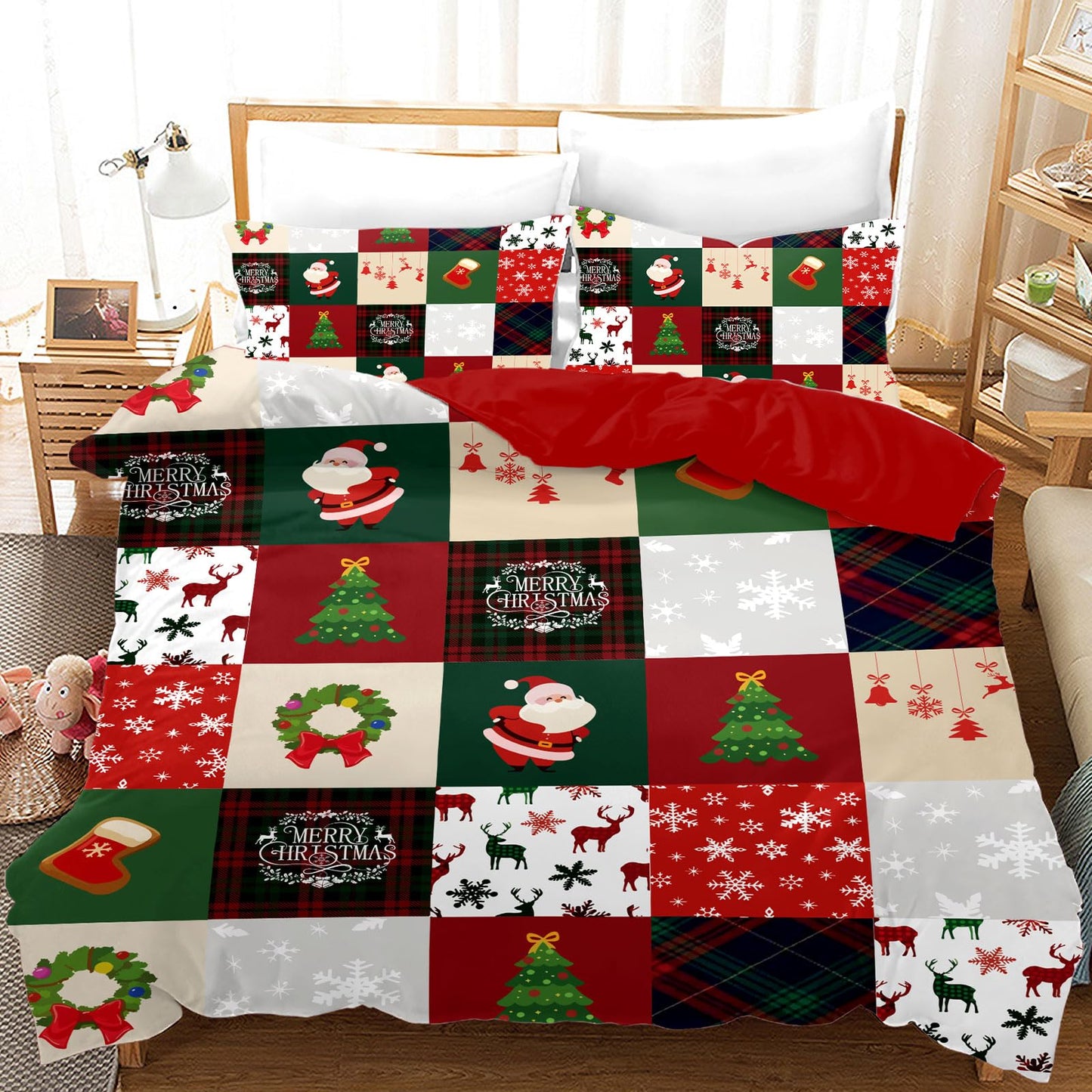 UGZDEA Christmas Bed Linen Set 200 x 200 cm, 3D Christmas Bedding Set with 2 Pillowcases, Santa, Christmas Tree, Deer, Christmas Gift for Teenagers (I, 200 x 200 cm)