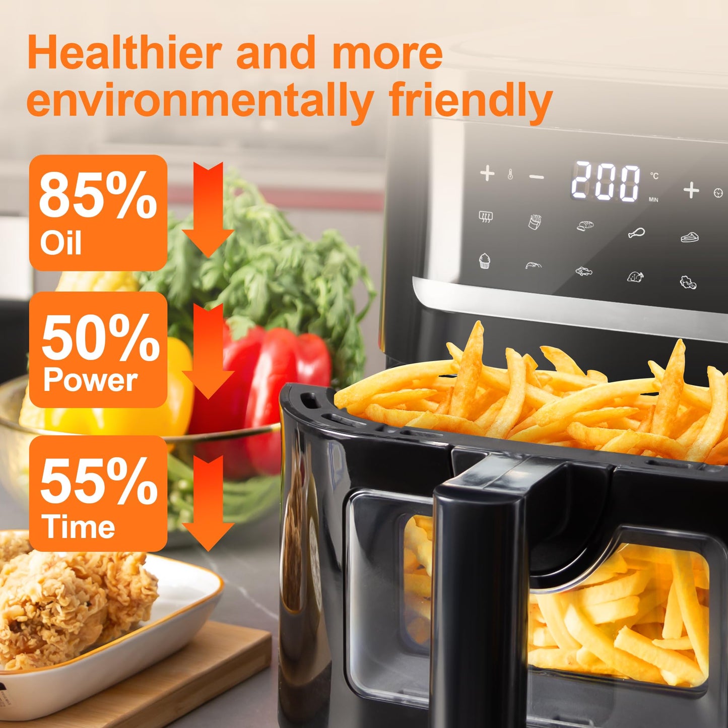 Dual Zone Hot Air Fryer, 23 L Hot Air Fryer, XXL Oven 1800 W with LED Touch Screen, 15 Programmes, with Recipe Book, 11 Accessories