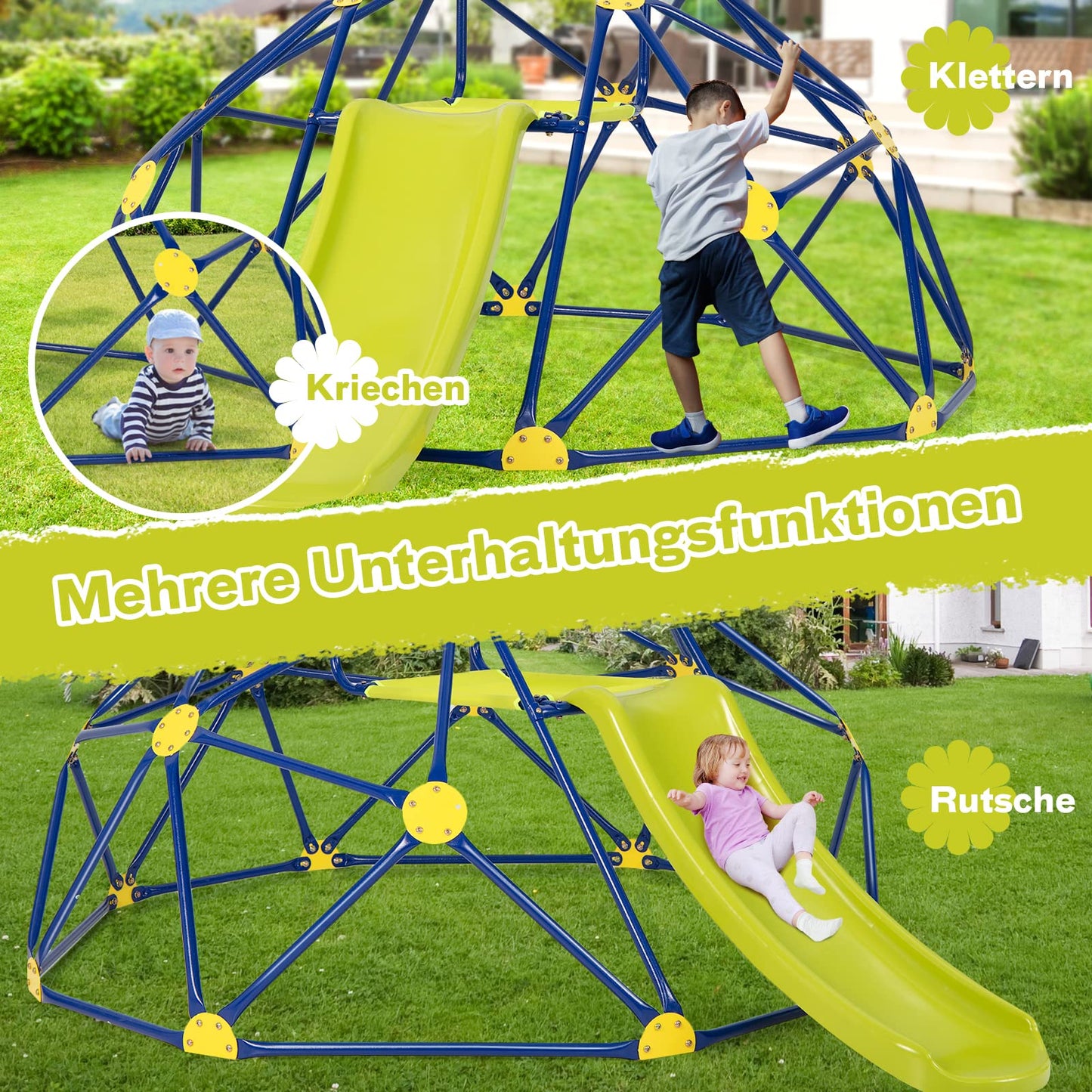 COSTWAY Climbing Dome with Slide, Dome Climbing Frame with Fabric Platform, 180 kg Load Capacity, Outdoor & Indoor Playground for 3-10 Years, Ideal for Gym, Backyard, Garden