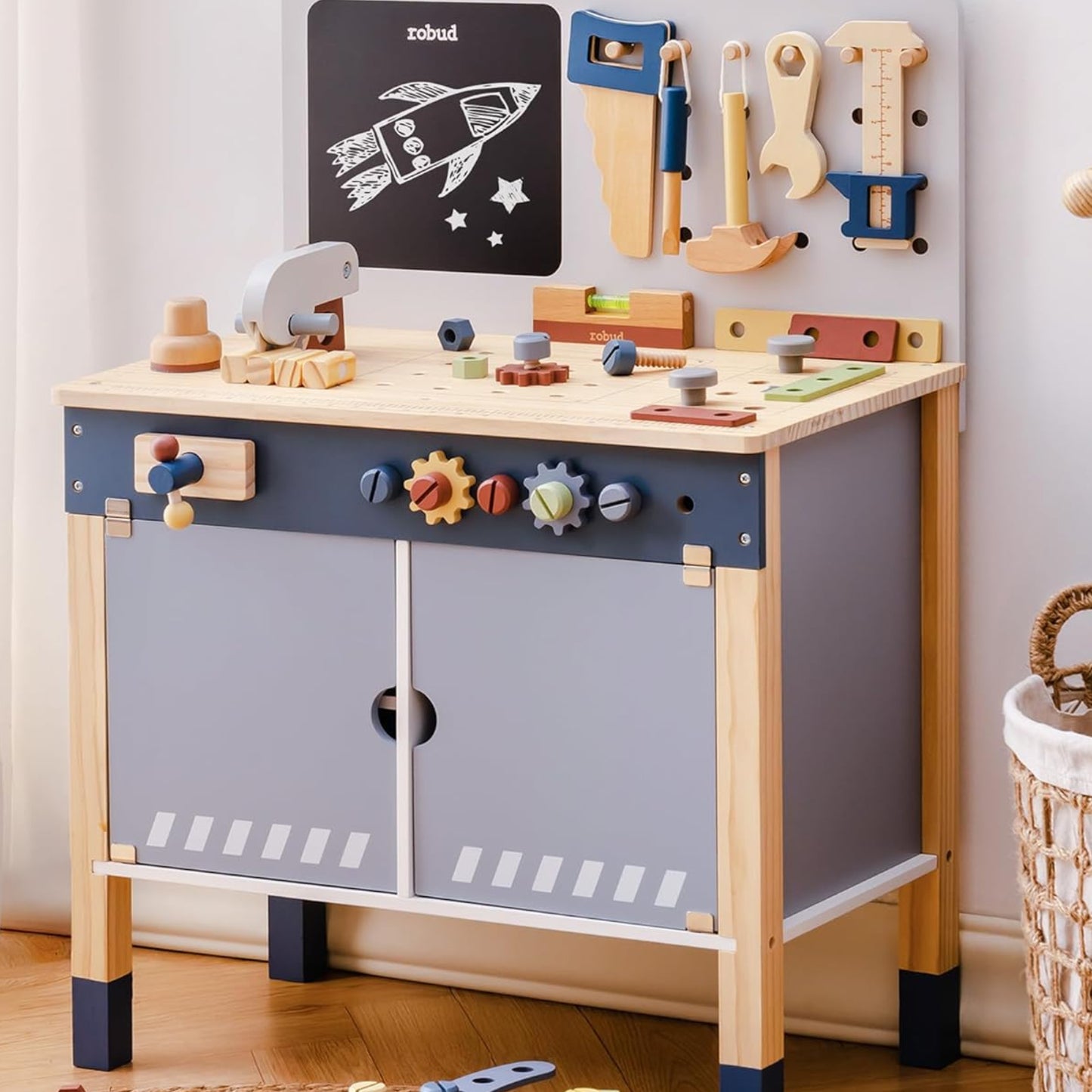 ROBUD Wooden Toy Workbench, Large Children's Wooden Play Tool, Pretend Play Creative Building Set, Construction Workshop Tool Bench Toys, Gift for Girls Boys 3+