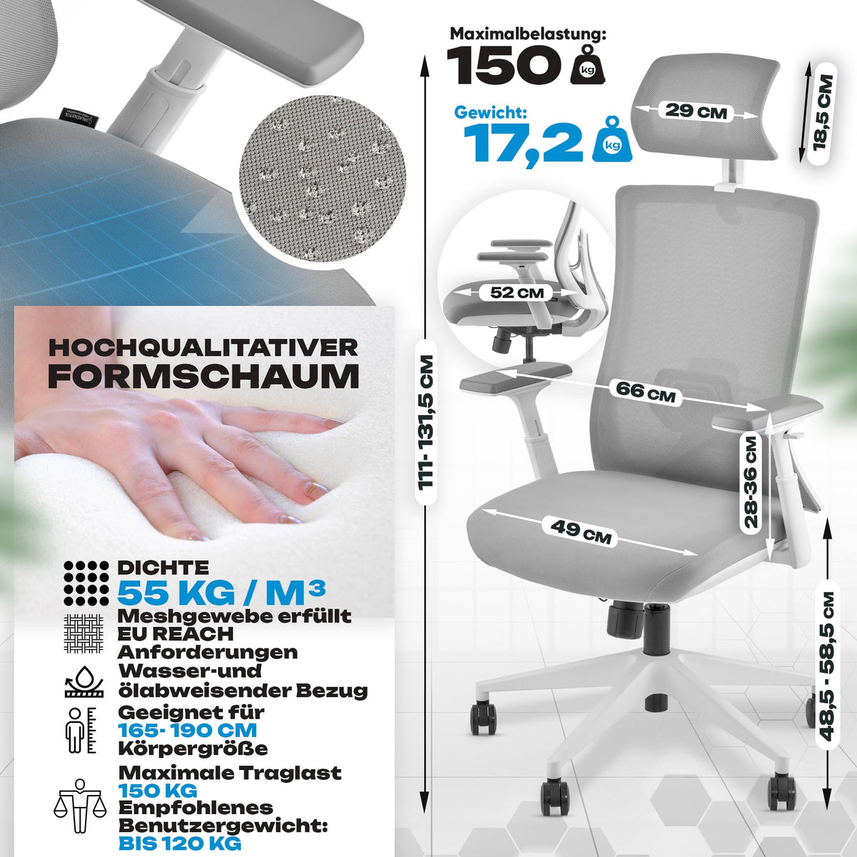 M2 Ergonomic Office Chair, Test Winner with Adjustable Armrest without Headrest for Maximum Freedom of Movement, Back-Friendly, Comfortable Desk Chair for Office and Home Office Chair