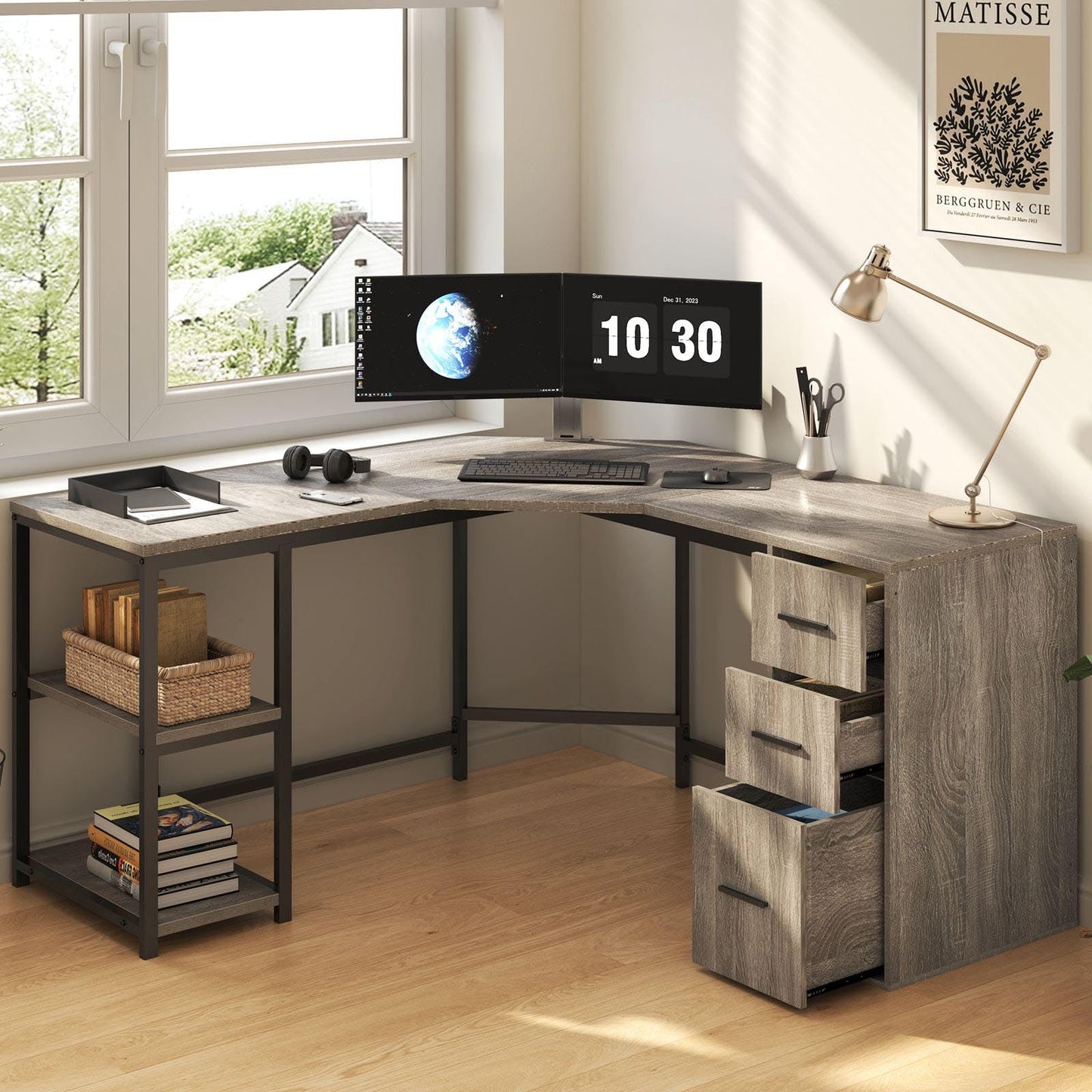 LVB White L Shaped Corner Desk with Drawers, Reversible Modern L Shaped Computer Desk with Storage Cabinets, Large L Shaped Wooden L Shaped Desk Metal L Shape