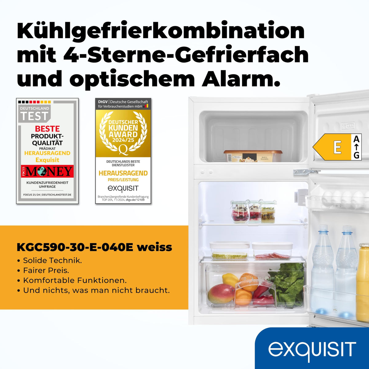 Exquisit KGC590-30-E-040E Fridge Freezer, 85 Litres, Fridge Freezer, 4-Star Freezer, LED Lighting, Compact, Small, White