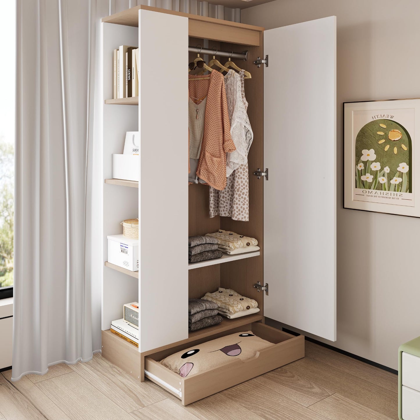 RIAZOS Wardrobe with Storage Cupboard, Double Door Design, with 1 Clothes Rail, 5 Compartments, for Bedroom, Living Room, Children's Room, 70 x 40 x 170 cm, White
