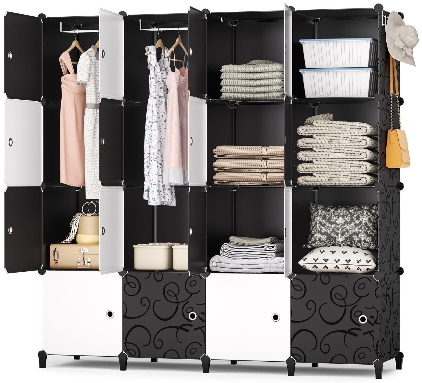 HOMIDEC Wardrobe, Portable Shelf System, 20 Cube Plastic Cabinet with 2 Clothes Rails, Bedroom Wardrobe, White for Bedroom, 180 x 142 x 45 cm