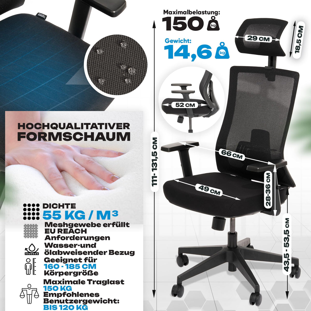 M2 Ergonomic Office Chair, Test Winner with Adjustable Armrest without Headrest for Maximum Freedom of Movement, Back-Friendly, Comfortable Desk Chair for Office and Home Office Chair