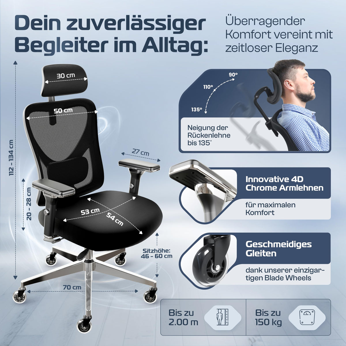 CLOUVOU BrightSeat Ergonomic Office Chair [Test Winner] Desk Chair 100% Individually Adjustable Office Chair & Gaming Chair Computer Chair Home Office Chair Ergonomic Swivel Chair 150 kg