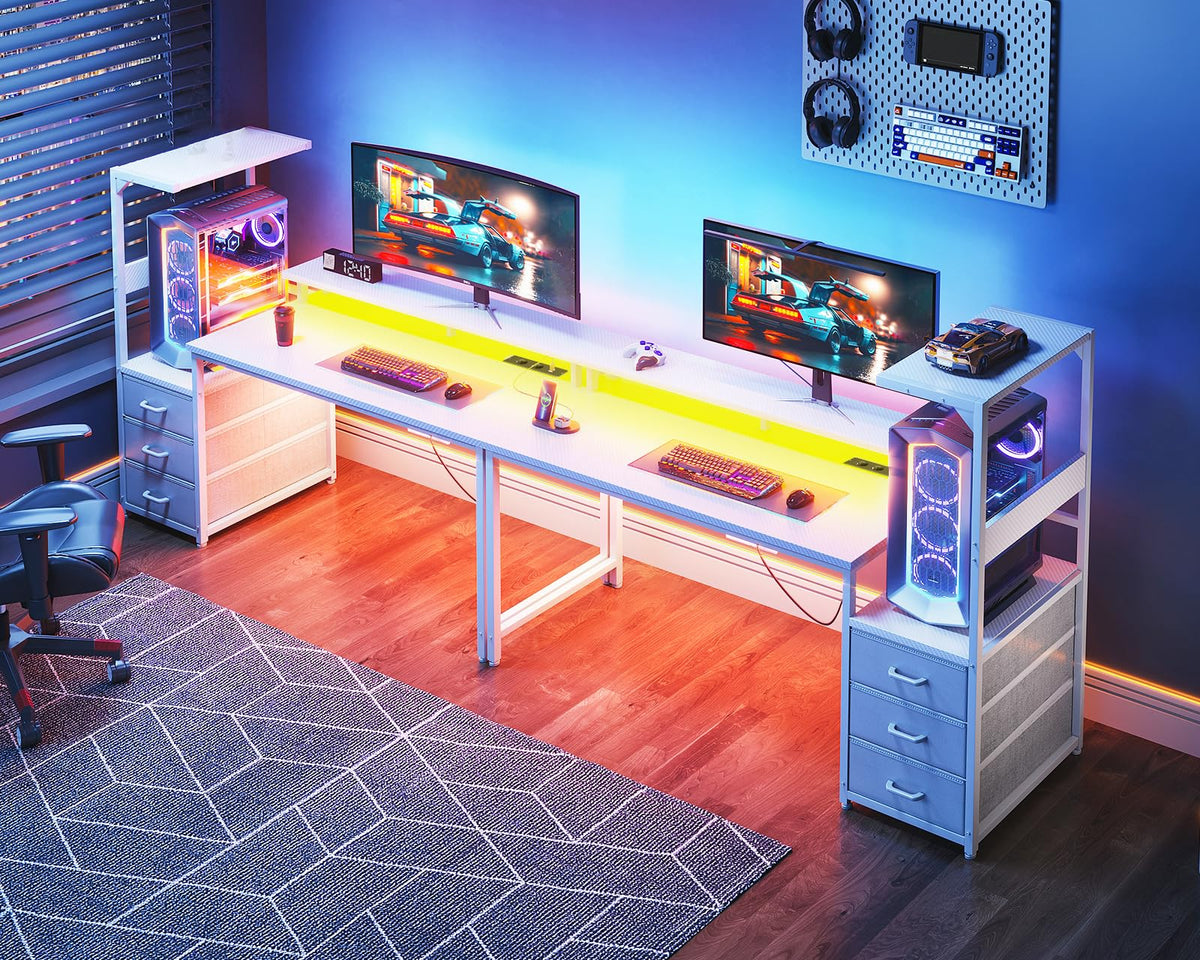 Coleshome Gaming Table with Drawers, 151 x 50 cm Gaming Desk with LED Lighting & Socket, Computer Desk with Shelves & Monitor Stand, Carbon Fibre Black