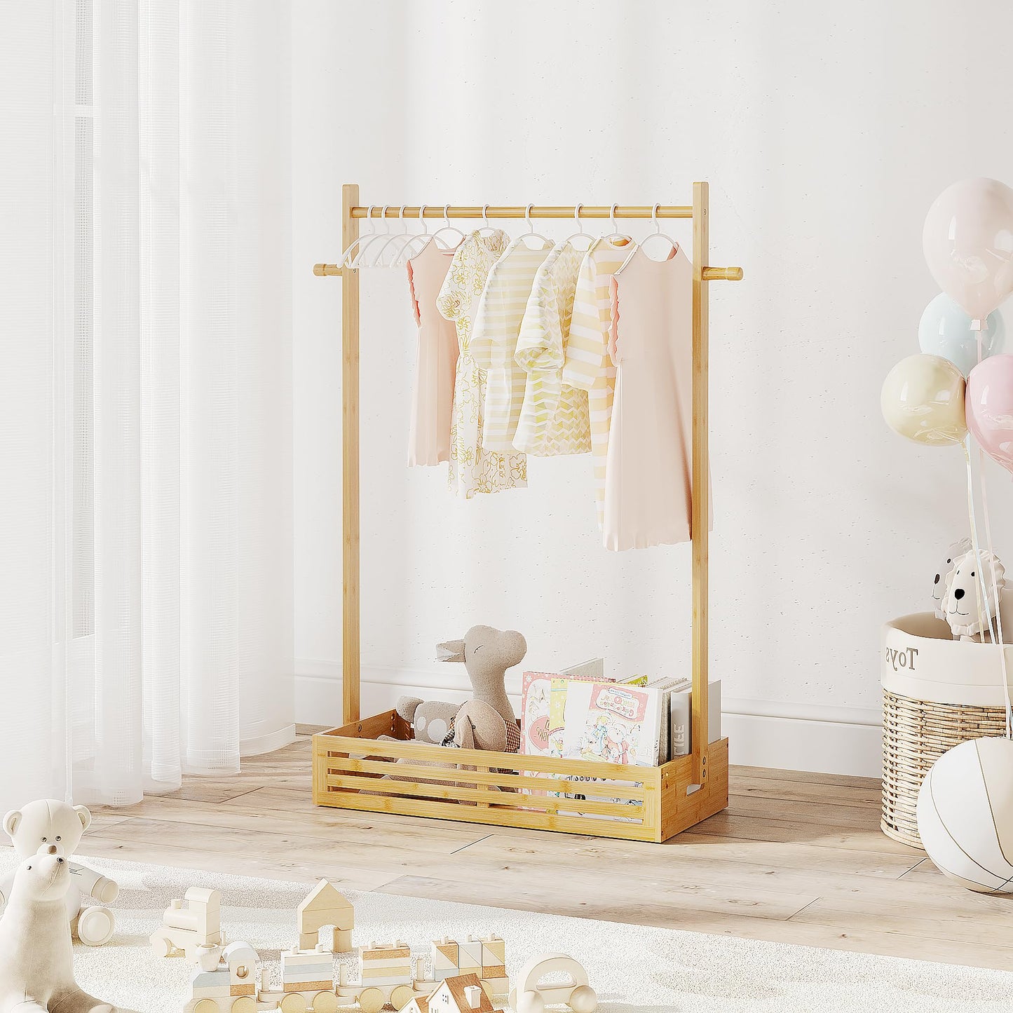 Baby Clothes Rack for Toddlers, Pet Clothes Rack with Storage Box & Adjustable Clothes Rail for Dogs/Cats, Baby Shower Wardrobe with Handle for Children's Room