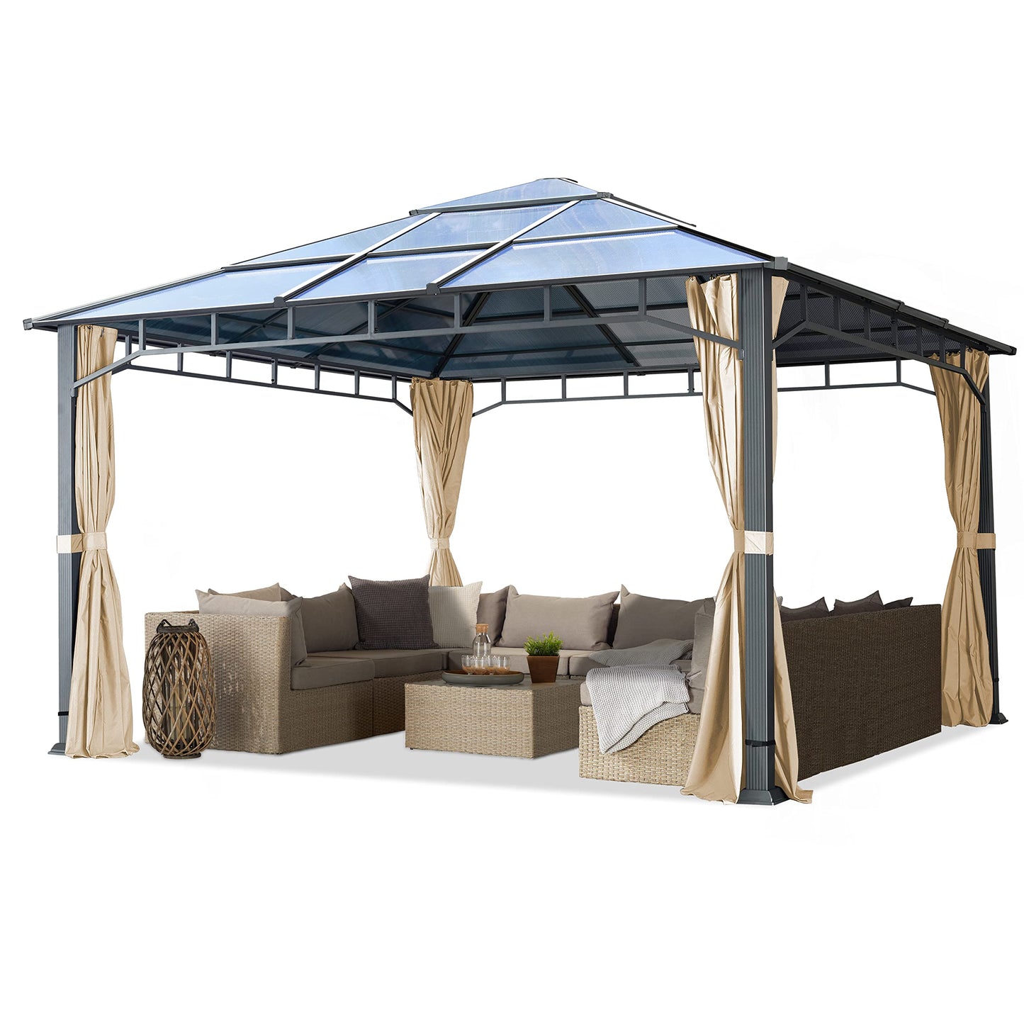 Toolport Garden Gazebo, 3 x 4 m, Waterproof, Aluminium, Deluxe, Polycarbonate Roof Approx. 8 mm, Gazebo with 4 Side Panels, Party Tent, Grey, 9 x 9 cm Profile