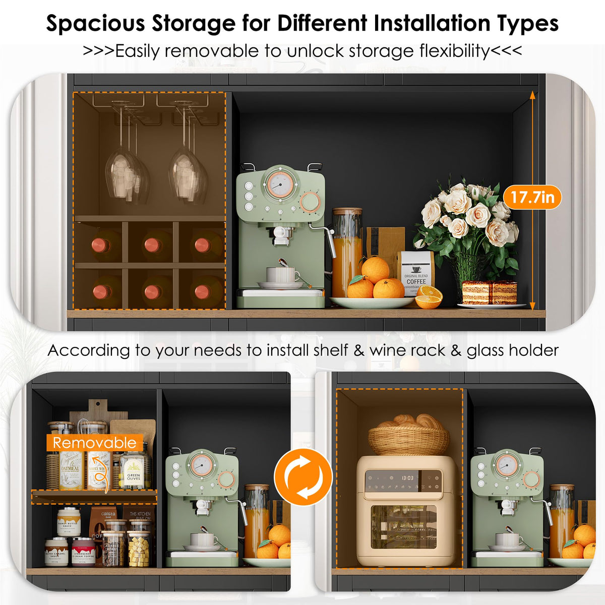 HOCSOK Kitchen Cabinet 106 x 180 cm (W x H), Buffet Cabinet, White, Sideboard with 6 Doors, Removable Bottle Holder and Removable Glass Holder, Storage Cabinet for Kitchen, Living Room, Dining Room