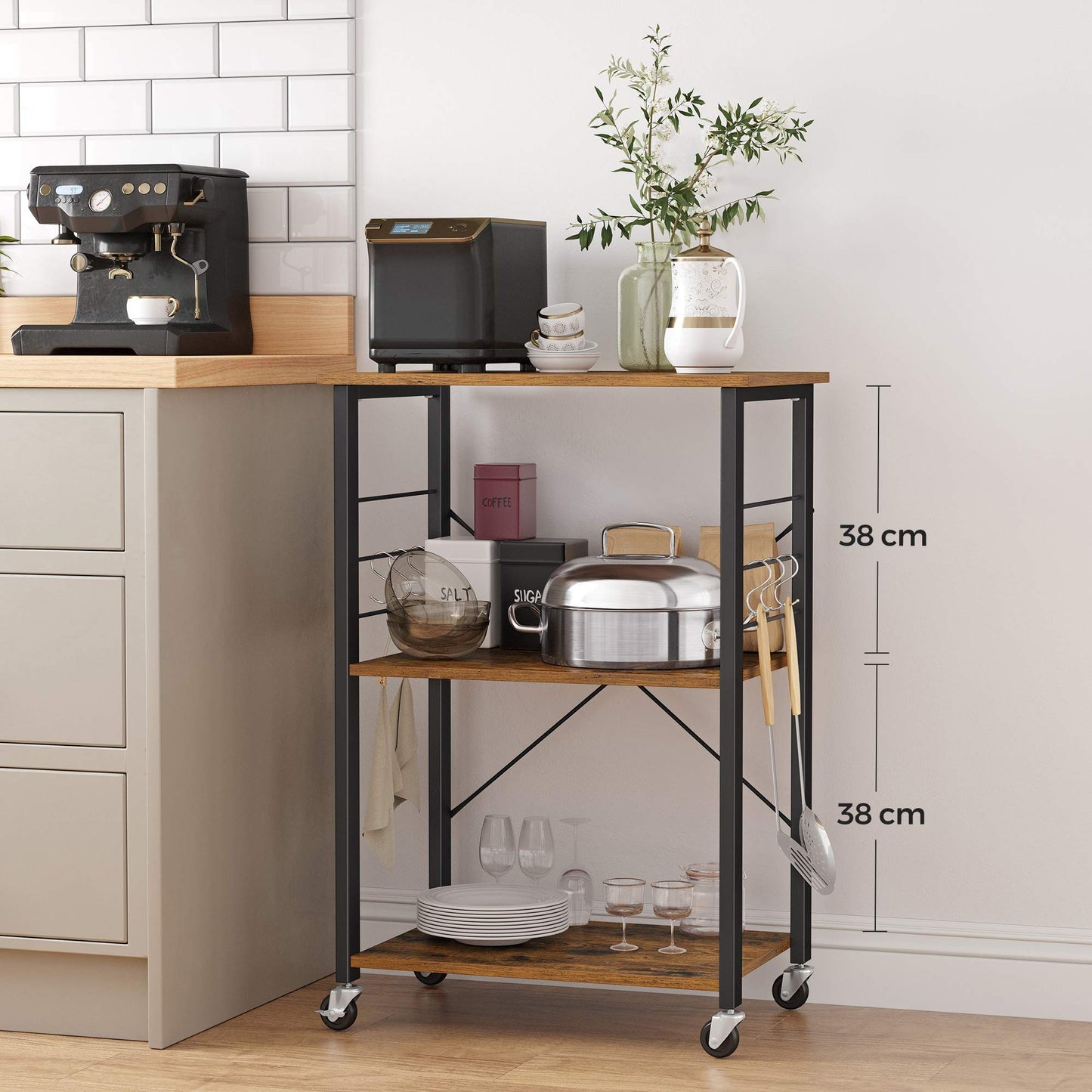 VASAGLE KKS60XV1 Kitchen Rack on Wheels Serving Trolley 3 Tier Kitchen Trolley Mini Oven Microwave Metal Frame 6 Hooks 40 x 60 x 89 cm Vintage Brown Ink Black