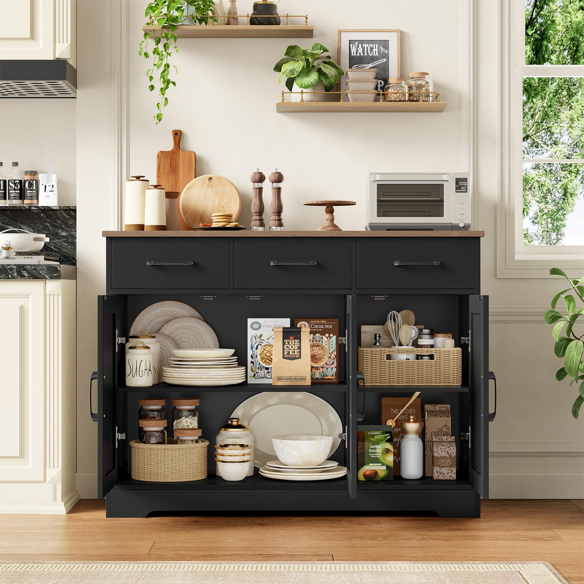 HOCSOK Sideboard, Kitchen Cabinet with 3 Drawers and 3 Doors for Kitchen, Buffet Cabinet with Worktop for Dining Room, Living Room, Wood, White & Brown
