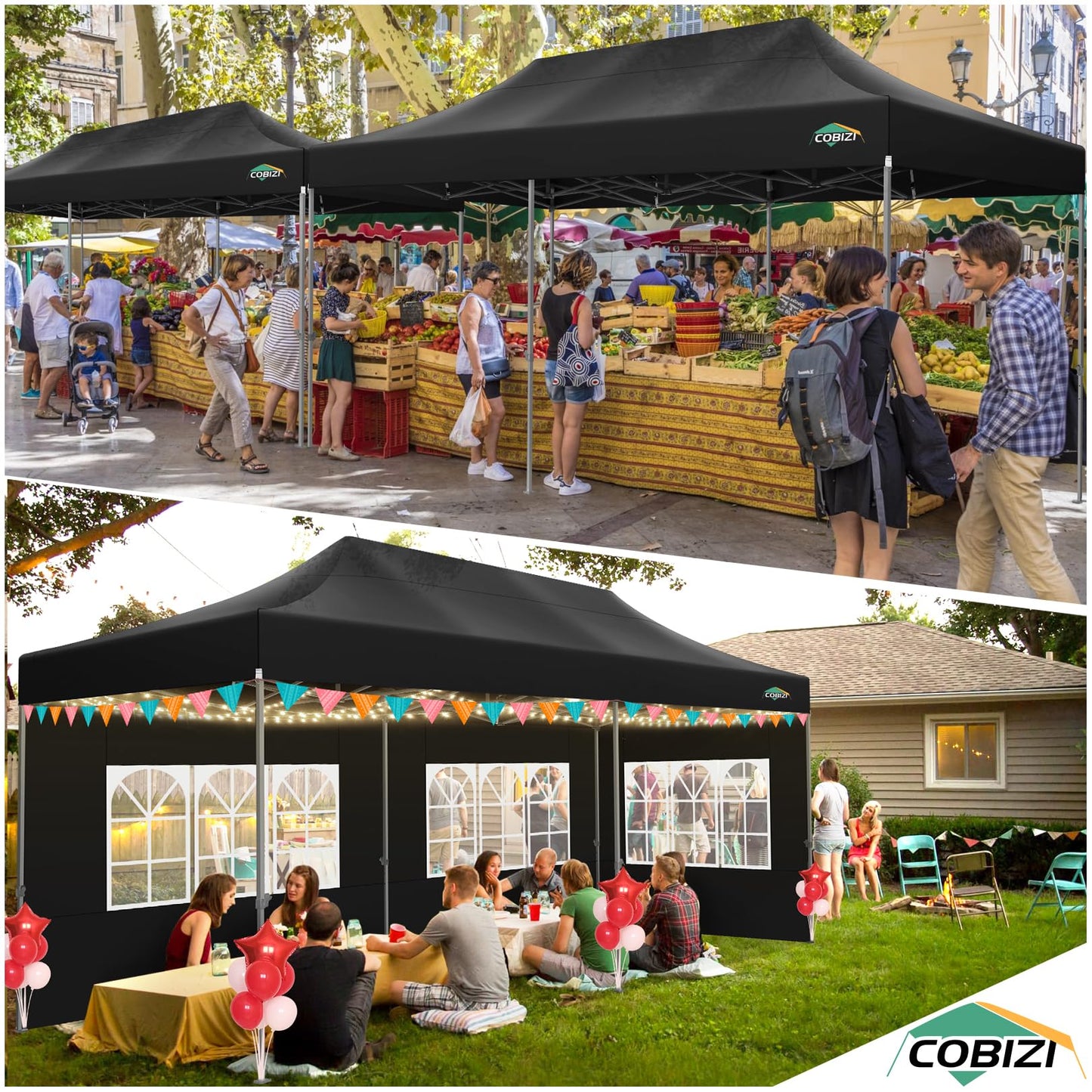 COBIZI Pavillon Faltpavillon 3x3 wasserdicht stabil Winterfest,Outdoor faltbar partyzelt，gartenpavillon mit 4 Seitenteilen und 4 Sandsack und Laufradtasche, Schwarz