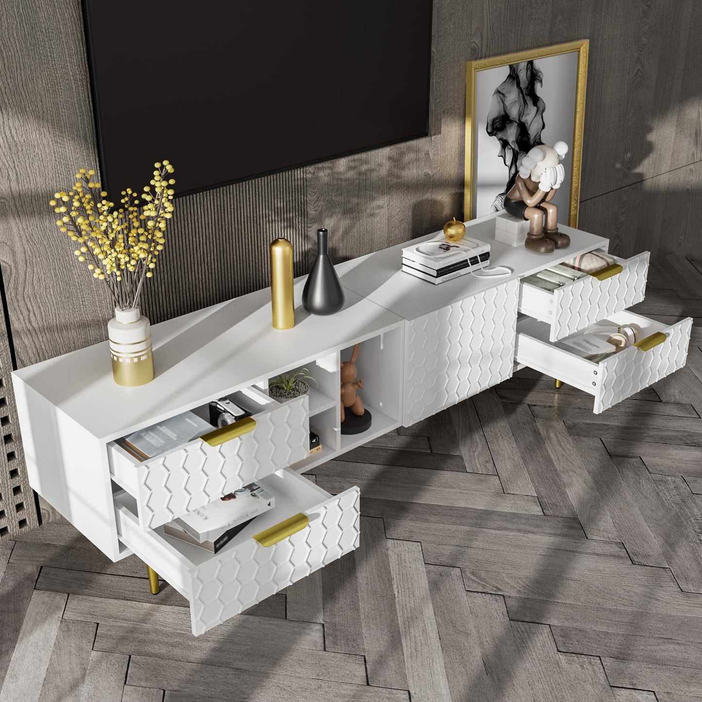 170 cm TV Cabinet with Textured Doors, TV Board with 4 Drawers, TV Cabinet with Oven Compartments, TV Cabinet for Living Room, TV Lowboard, Golden Handles and Feet, White