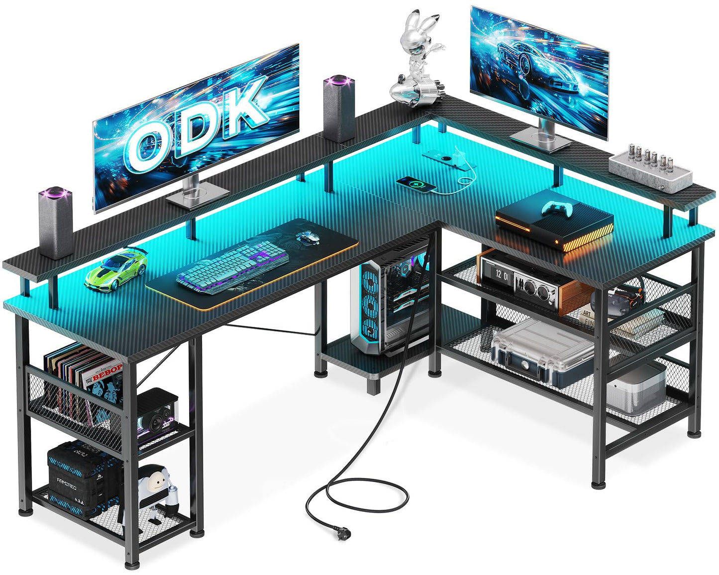 ODK Gaming Table with LED, Reversible Gaming Desk with 2 Sockets and 2 USB Charging Ports, Large Corner Desk with Mesh Shelf, Carbon Fibre Black, 168 x 120 cm