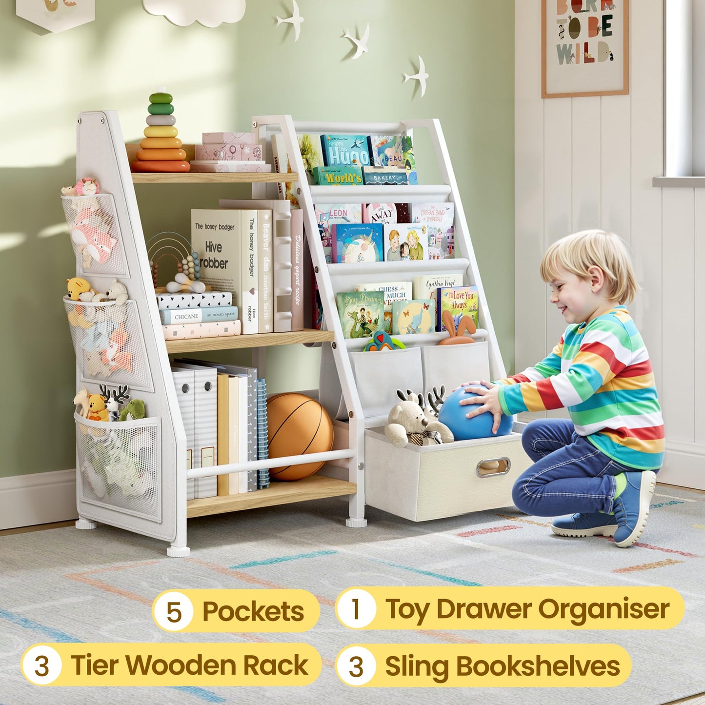 Children's Bookcase Children's Room Toy Shelves: Open Storage Shelf with 6 Compartments - Toddler Display Books Furniture, Nursery, Playroom