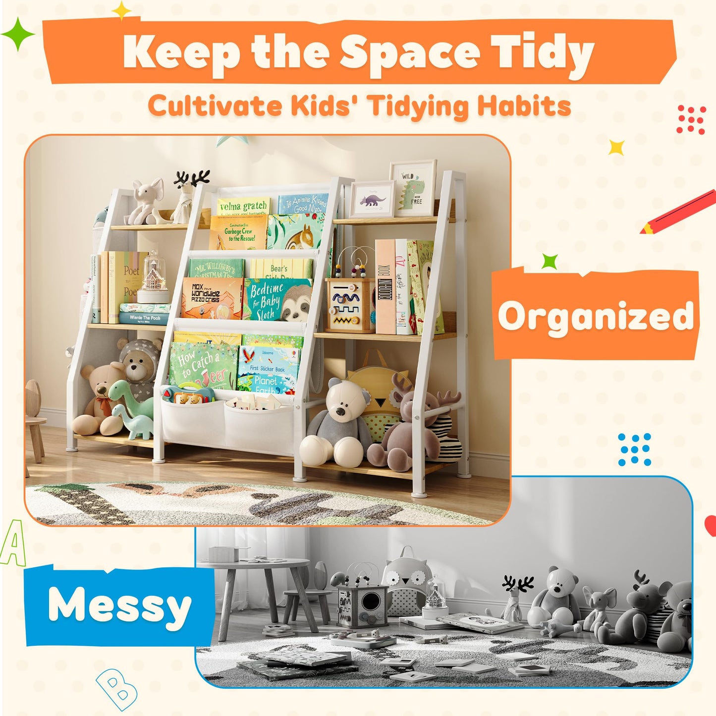 Children's Bookcase Children's Room Toy Shelves: Open Storage Shelf with 6 Compartments - Toddler Display Books Furniture, Nursery, Playroom