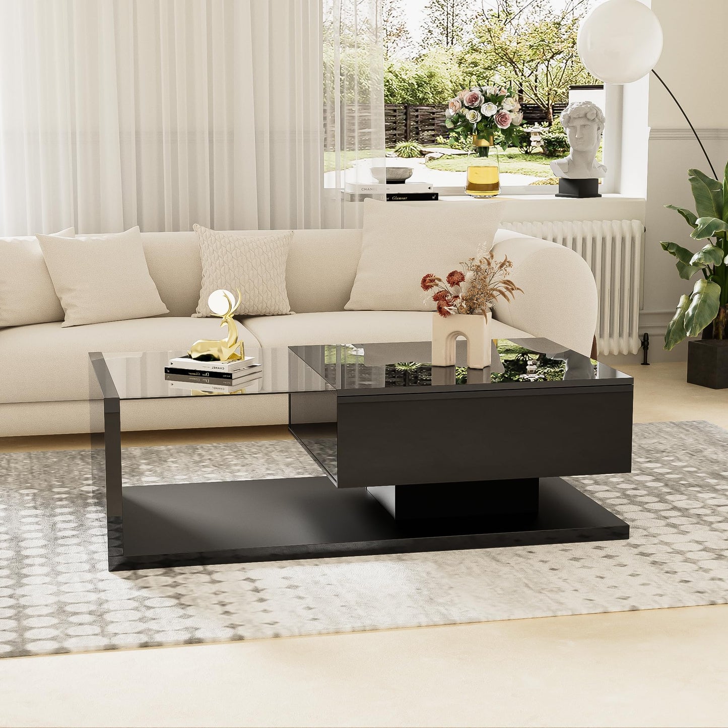 Soweiz Coffee Table, High Gloss, Side Tables, Coffee Tables with Glass and LED Effect, Sturdy Construction (105 x 55 x 32.5 cm) (Black)