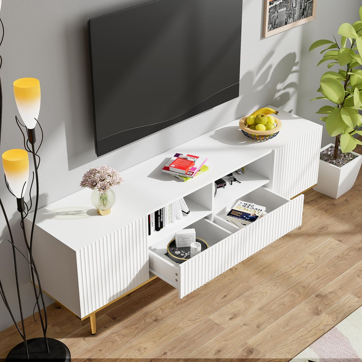 170 cm TV Cabinet with Textured Doors, TV Board with 4 Drawers, TV Cabinet with Oven Compartments, TV Cabinet for Living Room, TV Lowboard, Golden Handles and Feet, White