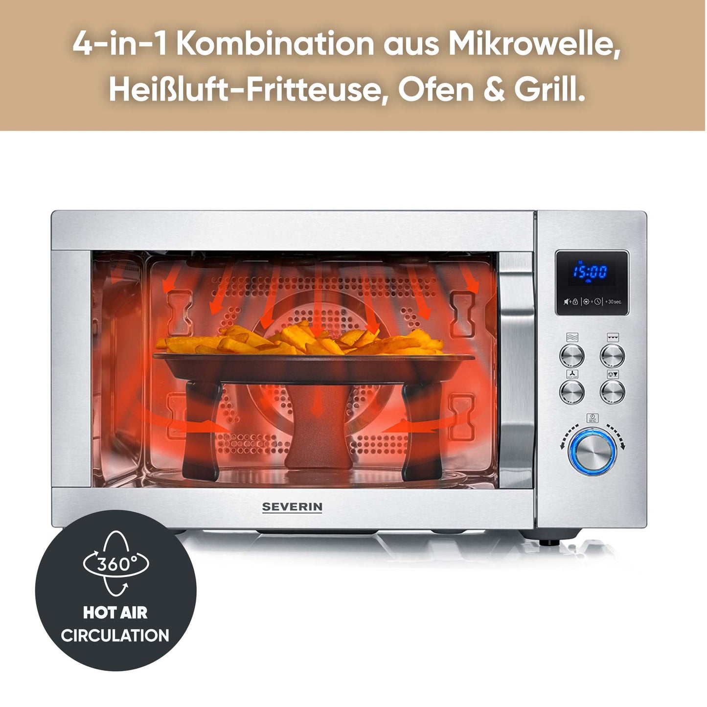 SEVERIN MW 7774 Microwave with Grill and Hot Air Function 3-in-1 for Defrosting, Cooking and Heating, Microwave with Turntable, Brushed Stainless Steel/Silver