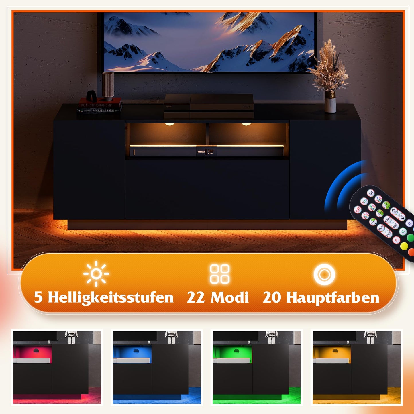 WLIVE TV Cabinet Black Lowboard High Gloss with 20 Colours LED Lighting, TV Board with Cabinets and 2 Open Surfaces, TV Table with Folding Door, 122 x 36 x 45 cm, Black